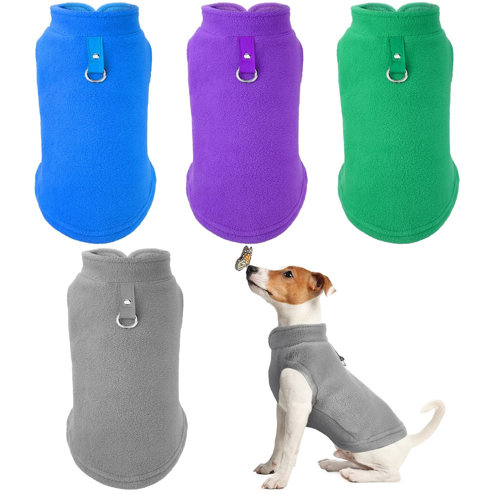 4 Pieces Dog Fleece Vest Dog Cold Weather Pullover Dog Cozy Jacket Winter Dog Clothes Pet Sweater Vest with Leash Ring for Small Dogs (Gray, Green, Purple, Blue, M)