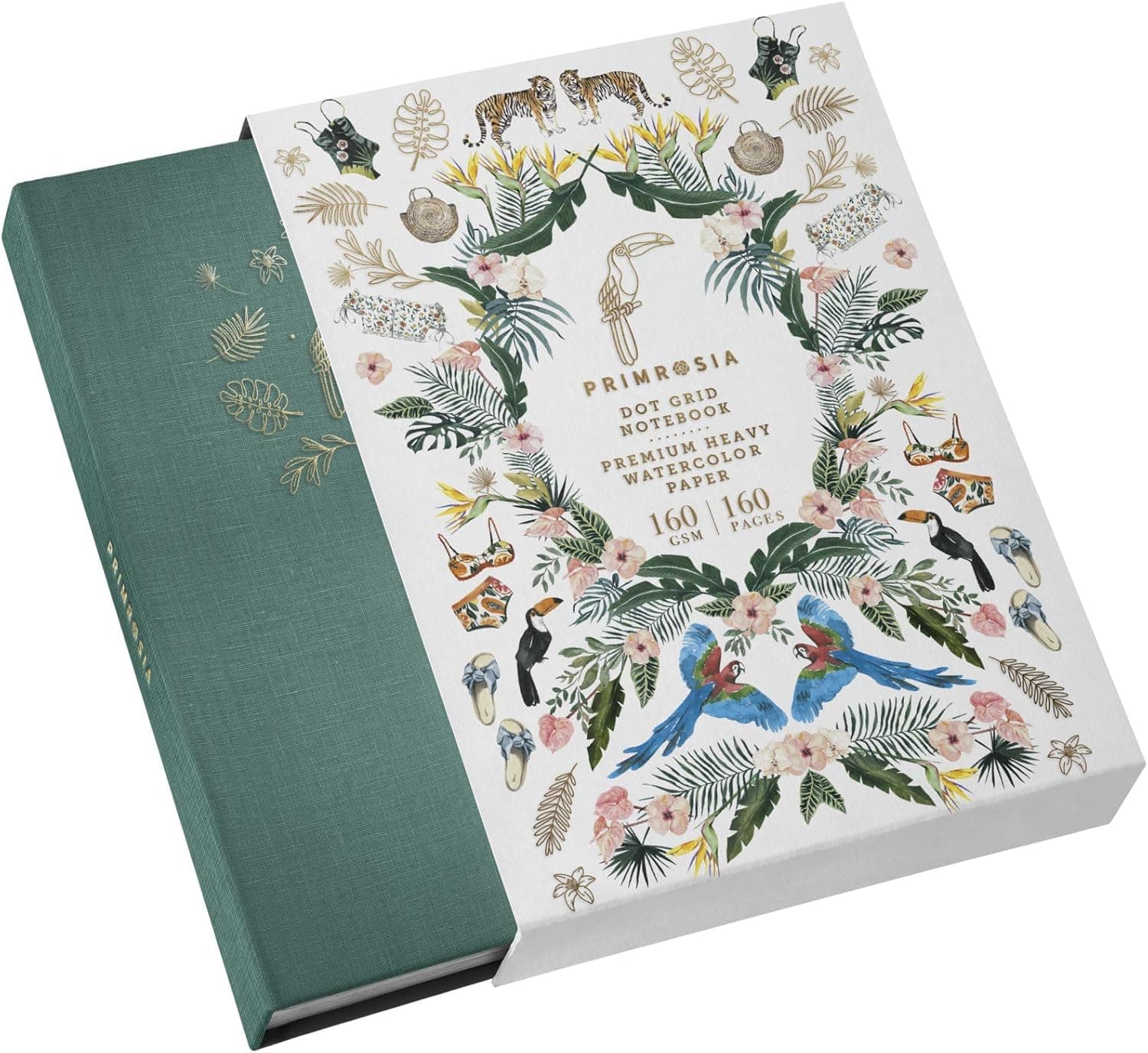 Primrosia A5 Dot Grid Watercolor Journal Notebook – 160 pages I 160gsm Premium Heavy Paper, No Bleed – Luxe Linen Hard Cover with Cute Deer Slip Cover (Toucan Summer)