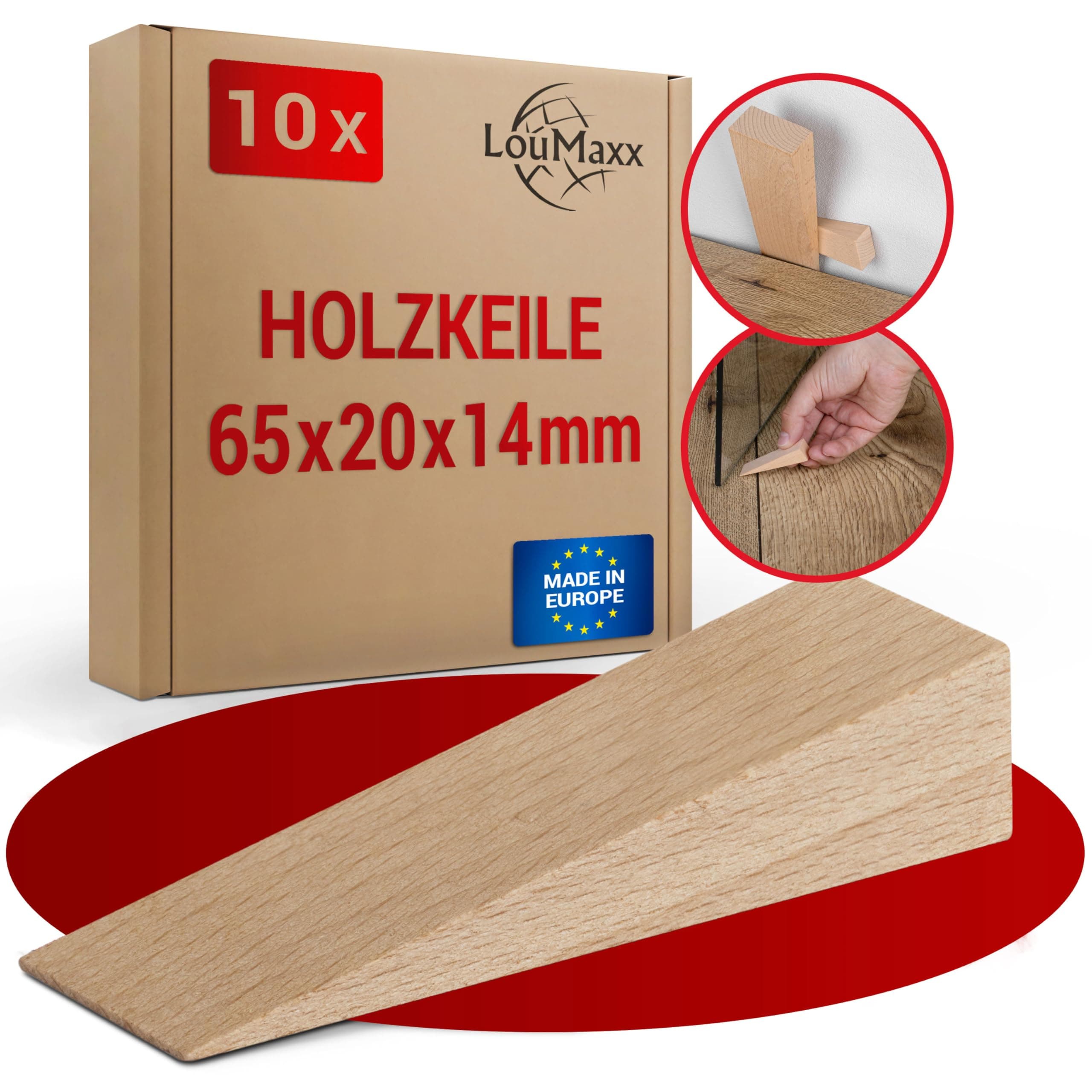 LouMaxx Set of 10 Wooden Wedges Small Made of Natural Beech - Wooden Wedges 65 x 20 x 14 mm - Robust Hardwood Wedges as Door Wedge Wood, Mounting Wedges & Laying Wedges - Wooden Wedge Made in Europe -