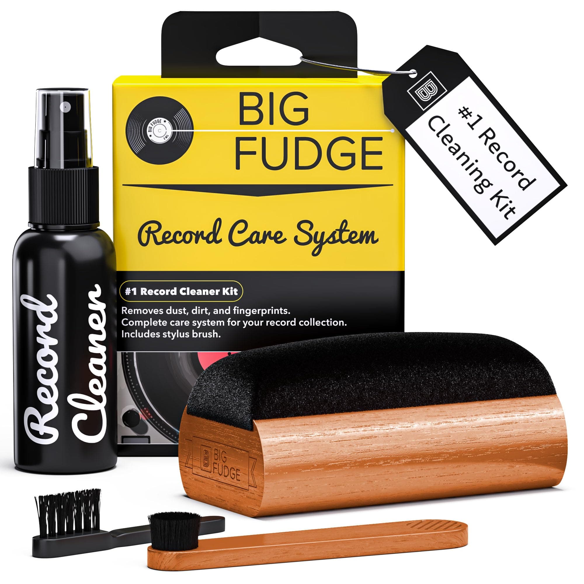Big Fudge Vinyl Record Cleaning Kit - 4-in-1 Vinyl Record Cleaner Kit for Records Includes Ultra-Soft Velvet Brush Cleaning Liquid Stylus Brush and Storage Pouch - Pro Records Care