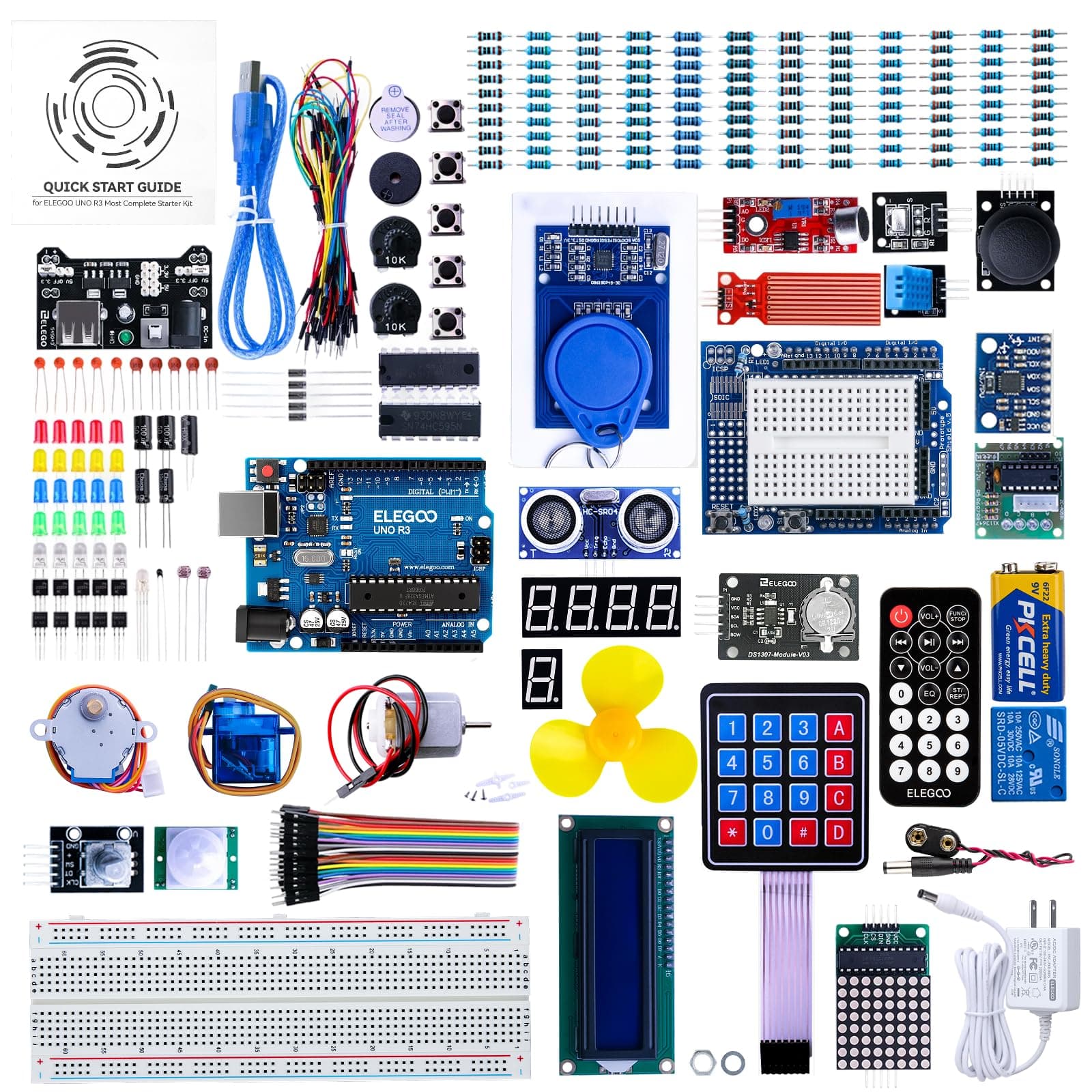 ELEGOO UNO R3 Project The Most Complete Ultimate Electronics Kit Starter Kit Compatible with Arduino IDE w/TUTORIAL, UNO R3 Controller Board, LCD 1602, Servo, Stepper Motor