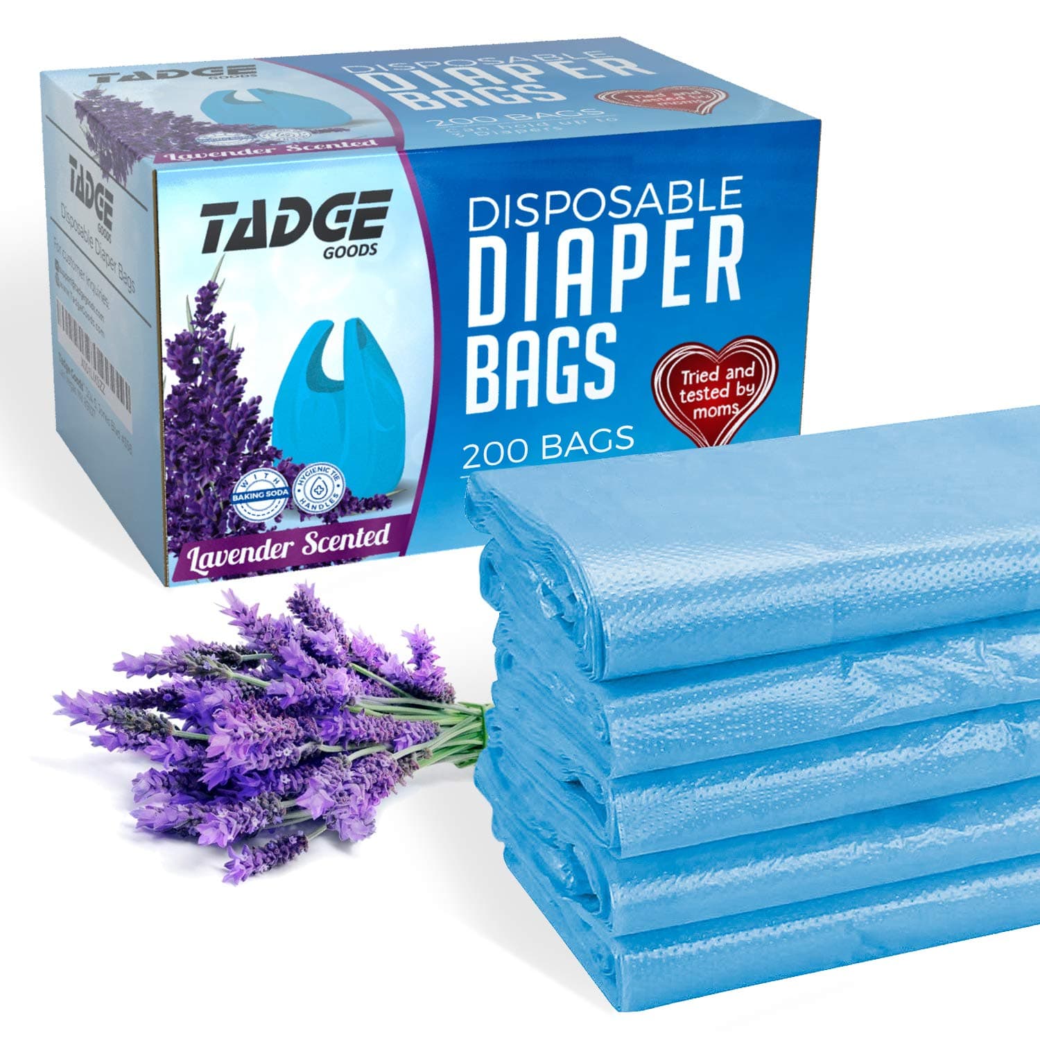 Baby Disposable Diaper Bags Scented with Lavender - Odor Absorber Biodegradable Plastic Diaper Sacks for Trash Bag Essential Items - Bags for Dirty Diapers - Refill 200 Count (Blue)