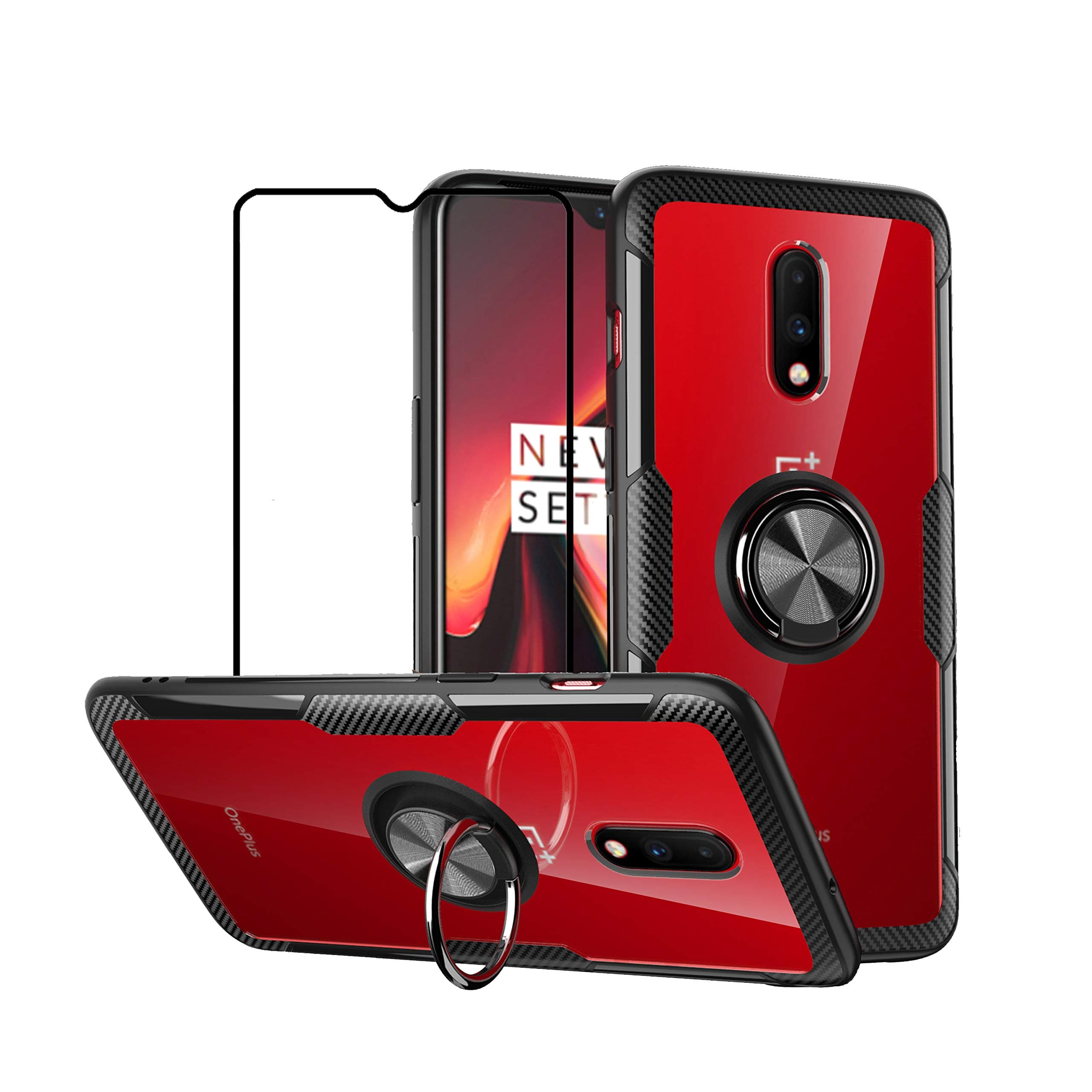 Case for OnePlus 7 / OnePlus 6T with Tempered Glass,Slim Silicone Soft TPU Bumper Hard Transparent Back Cover Shell with Metal Ring Magnetic Kickstand,Black