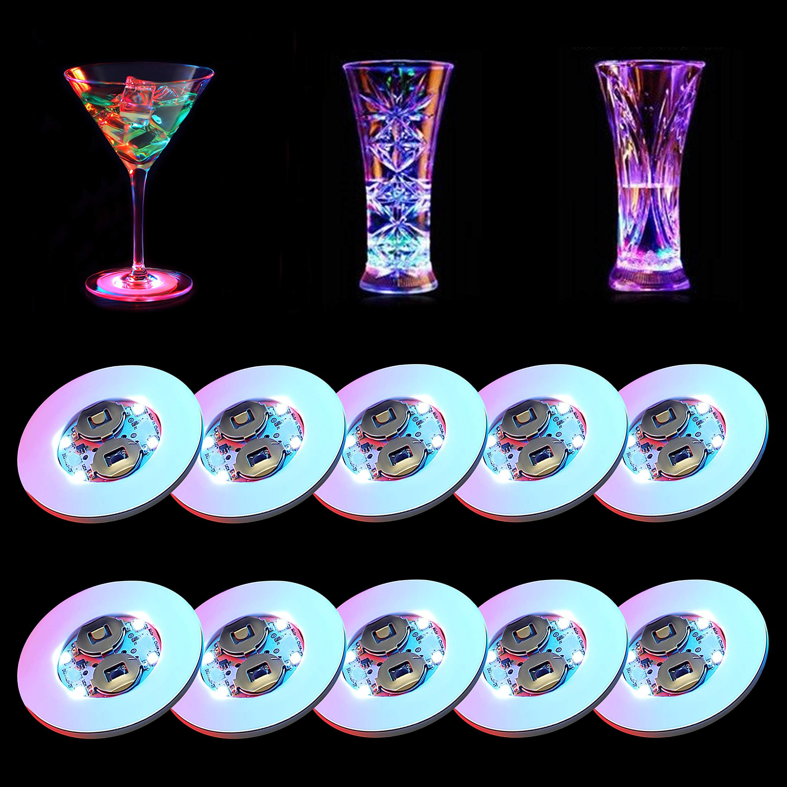 10 Pcs Colorful LED Light up Coaster LED Bar Coaster Bottle Light Sticker for Birthday Wedding Christmas Party Decorations