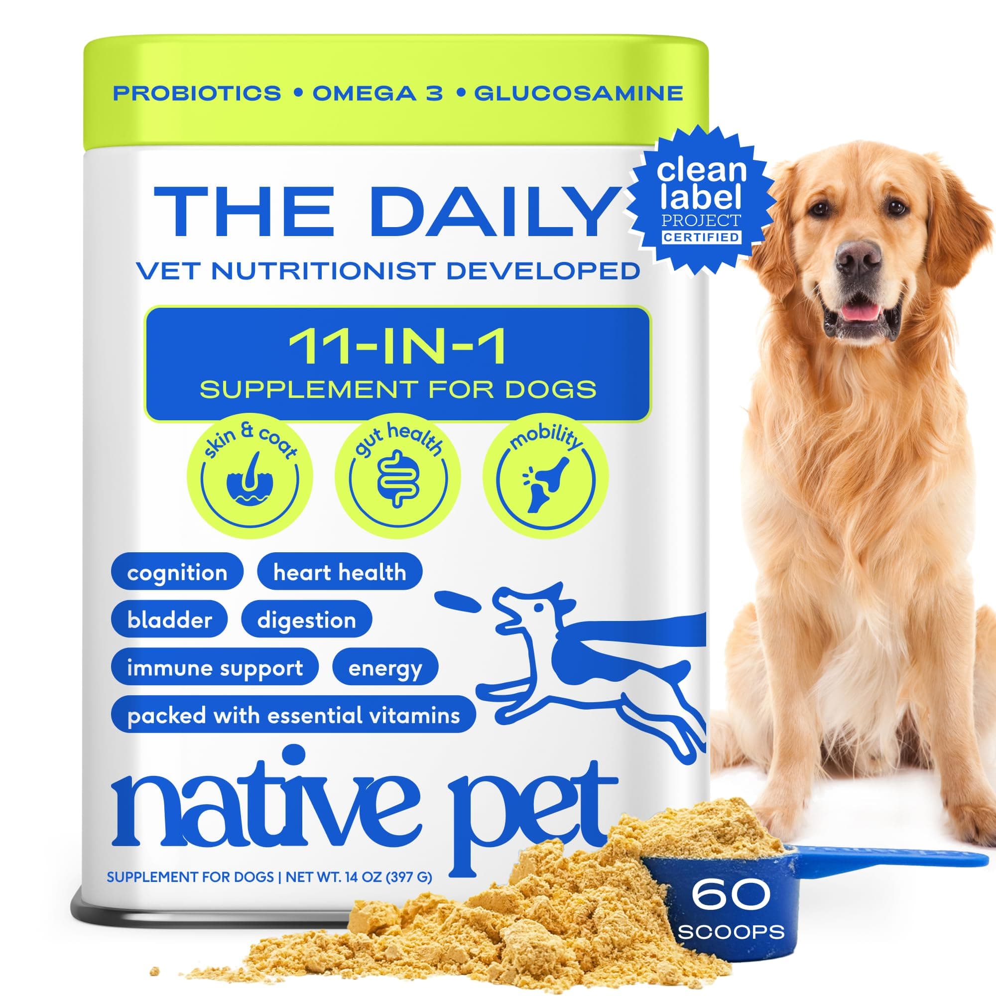 Native Pet Dog Vitamins & Supplements - 60 Scoops - 11-in-1 Multivitamin for Dogs with 21 Supplements & Vitamins – Nutritious Food Topper Powder - Pet Health & Puppy Essentials - 60 Scoops