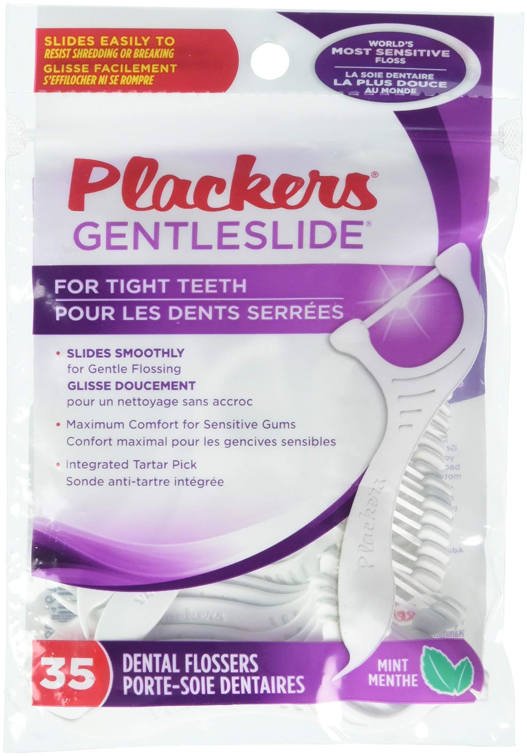 Gentleslide for Tight Teeth Cool Mint Flavour with Tarter Pick 35 Dental Flossers for Clean Teeth and Healthy Gums (1 Each)