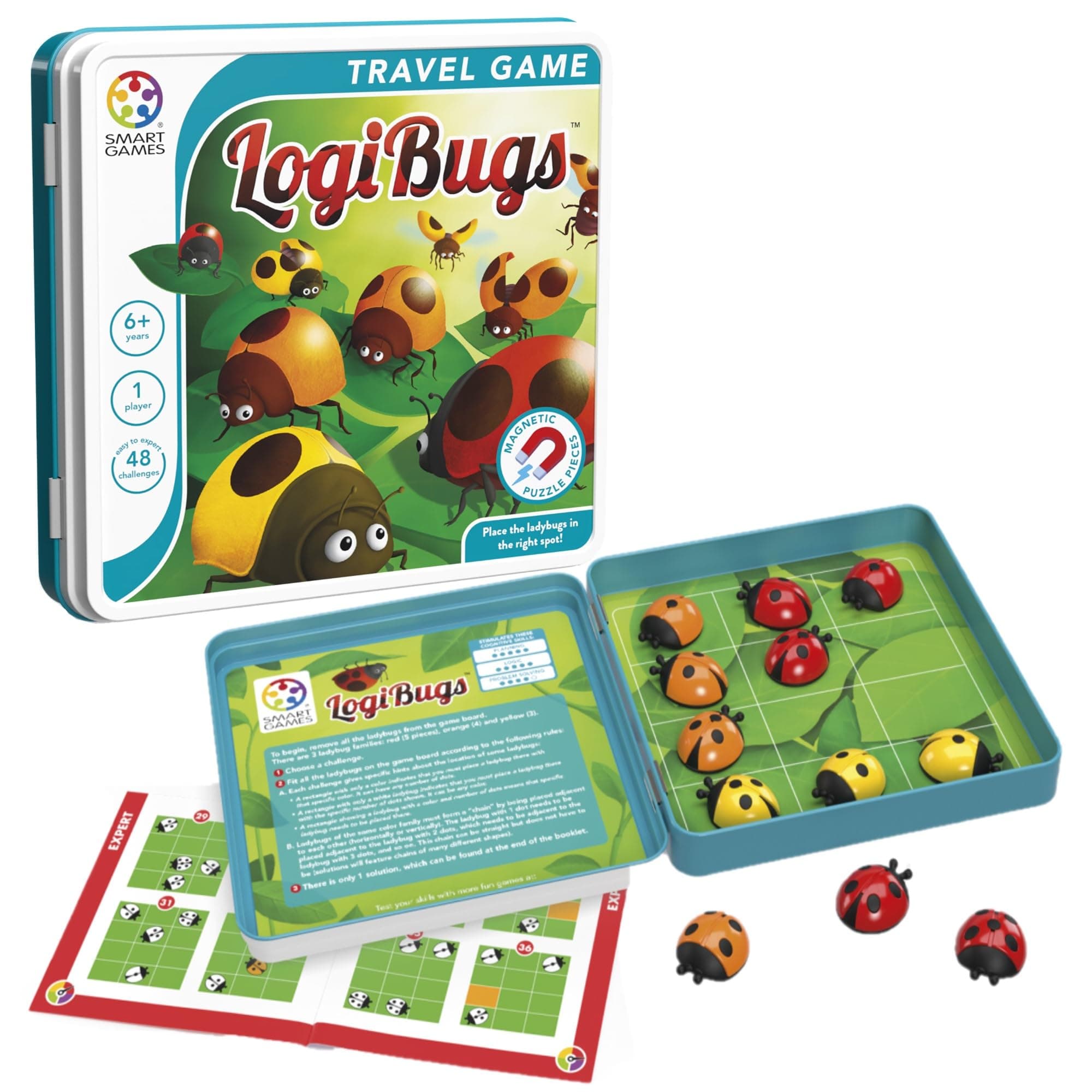 Logibugs, Magnetic Puzzle Game in Tin with 48 Challenges, Ages 6+