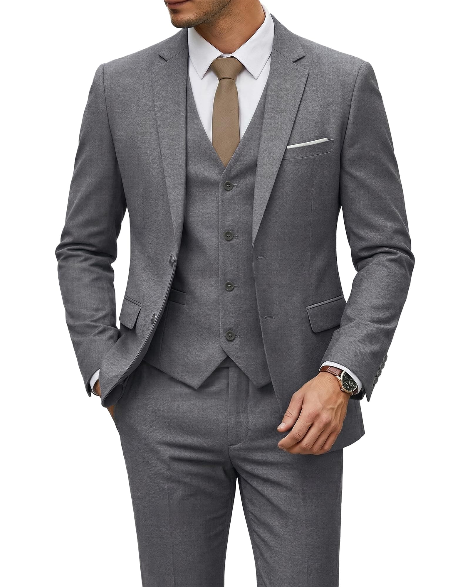 Men's 3 Piece Suit Set with Tie, 2 Button Slim Fit Solid Blazer Jacket Vest Pants, Business Wedding Party Suits for Men