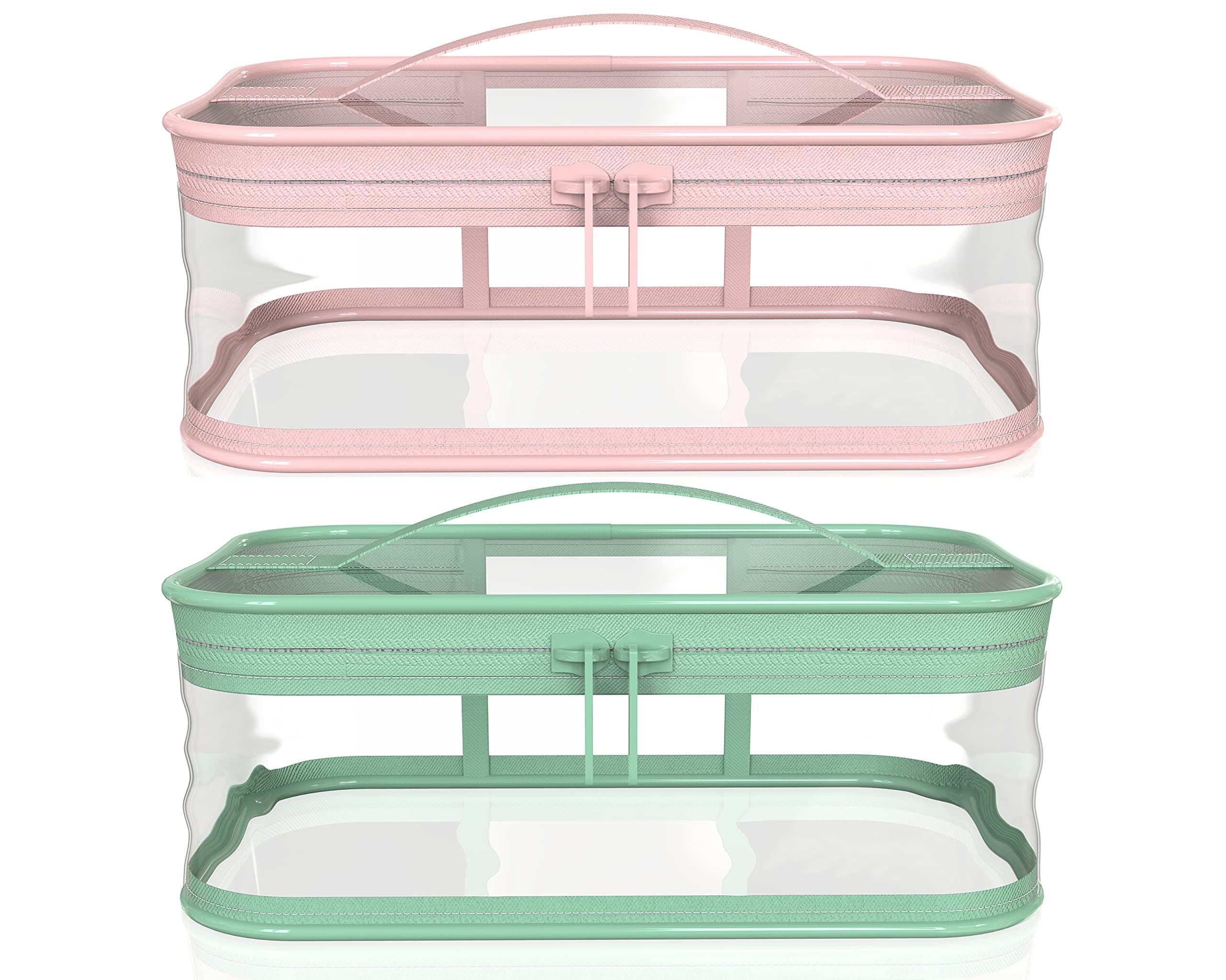 WANBAO2 Pcs Transparent Makeup Bag Zipper Waterproof Portable Travel Storage Pouch, Pink Green