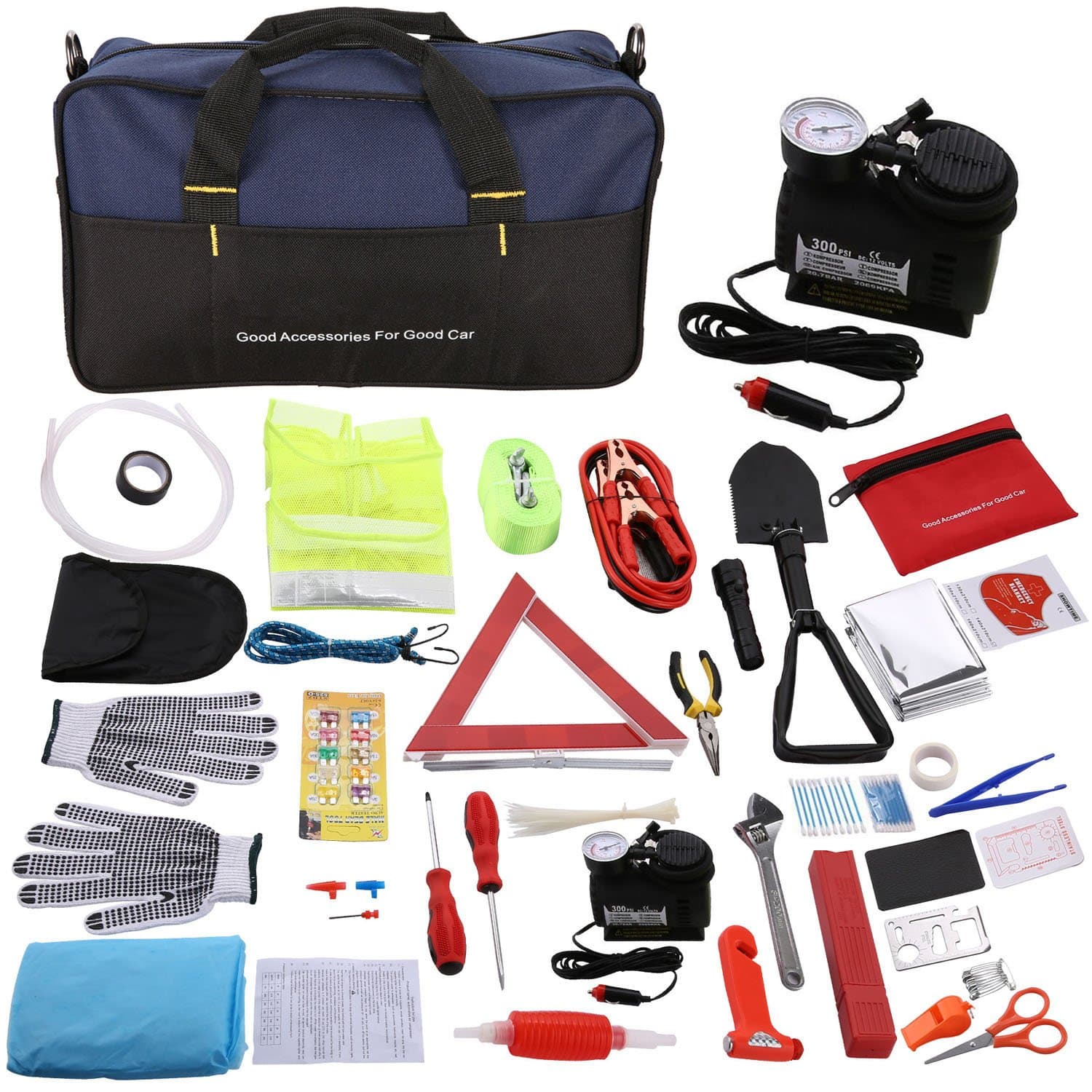 Auto Car Emergency Kit and First Aid Kit with Jumper Cables and Air Compressor for Car Truck, 99-in-1 Roadside Safety Kits - Safety Hammer, 10ft Tow Rope, Folding Military Shovel, Tire Pressure Gauges