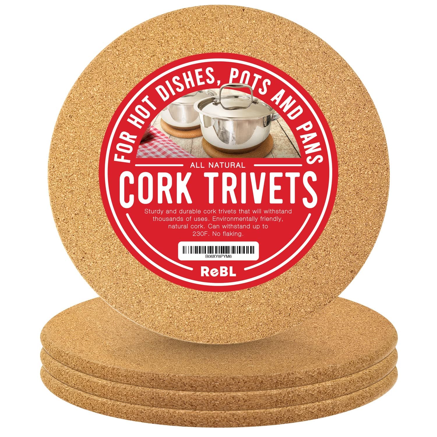 ReBL Large Cork Trivets for Hot Dishes (8-Pack 8" Circles) Thick Cork Coasters - Round Trivet Cork Hot Pads - Cork Plant Mats, Hot Pads for Kitchen Counter and Tables, Hot Plates, Dishes, or Cork Mat