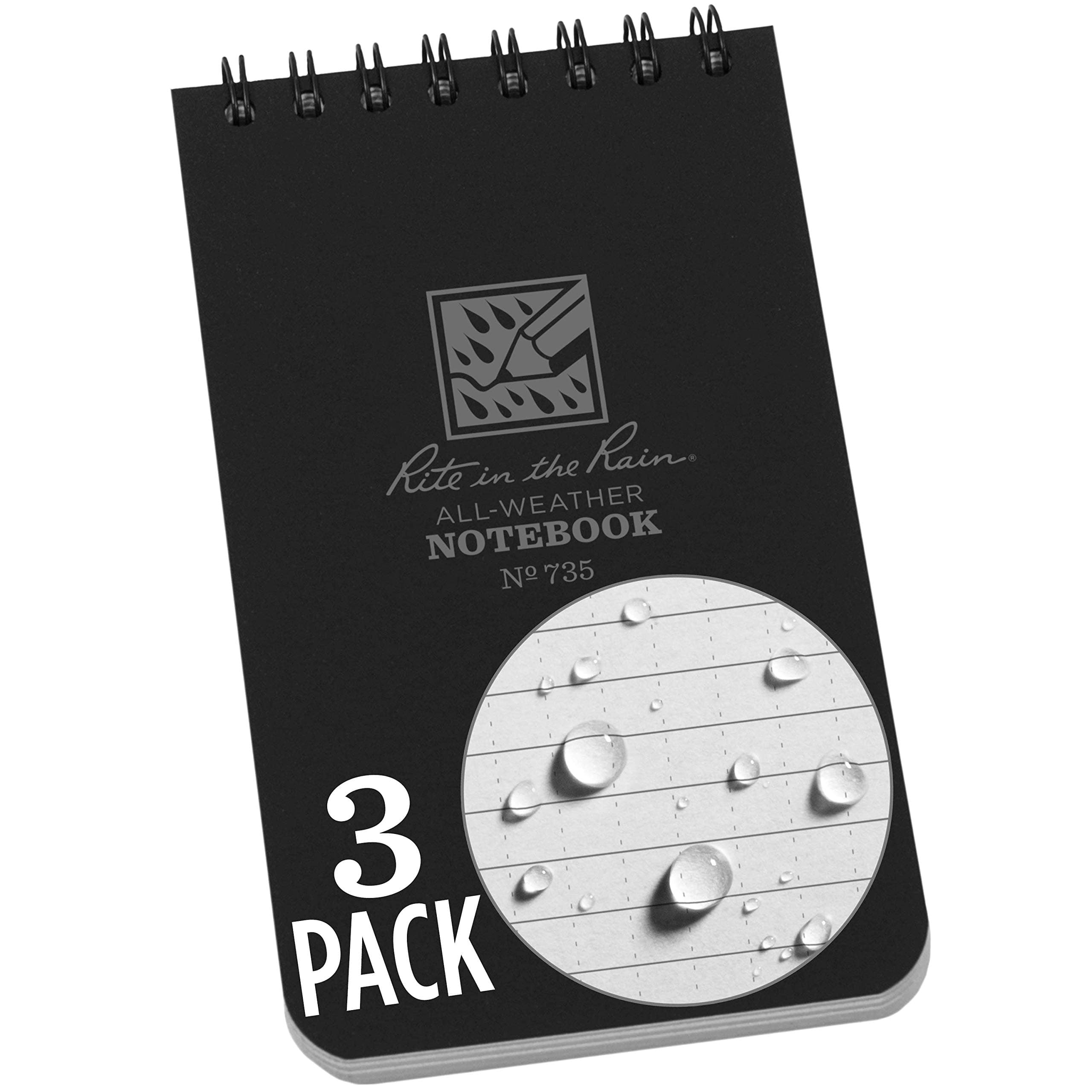 Rite in the Rain Weatherproof Top Spiral Notebook, 3" x 5", Black Cover, Universal Pattern, 3 Pack (No. 735-3X)