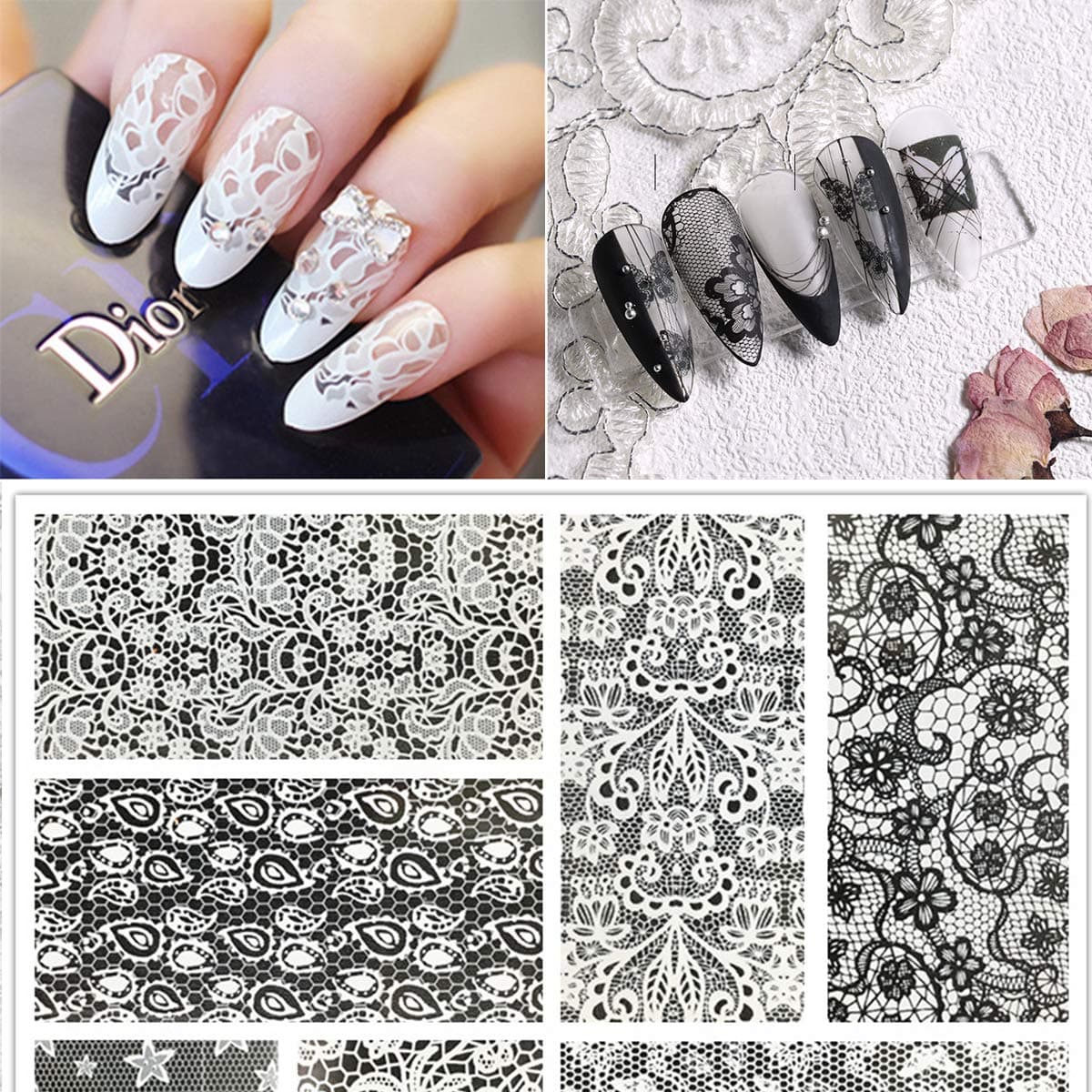 40 Sheets Lace Nail Art Foil Transfer Stickers, Retro Atmosphere Black White Lace Design Nail Transfer Foils for Acrylic Manicure Tips Wraps Charms Decorations