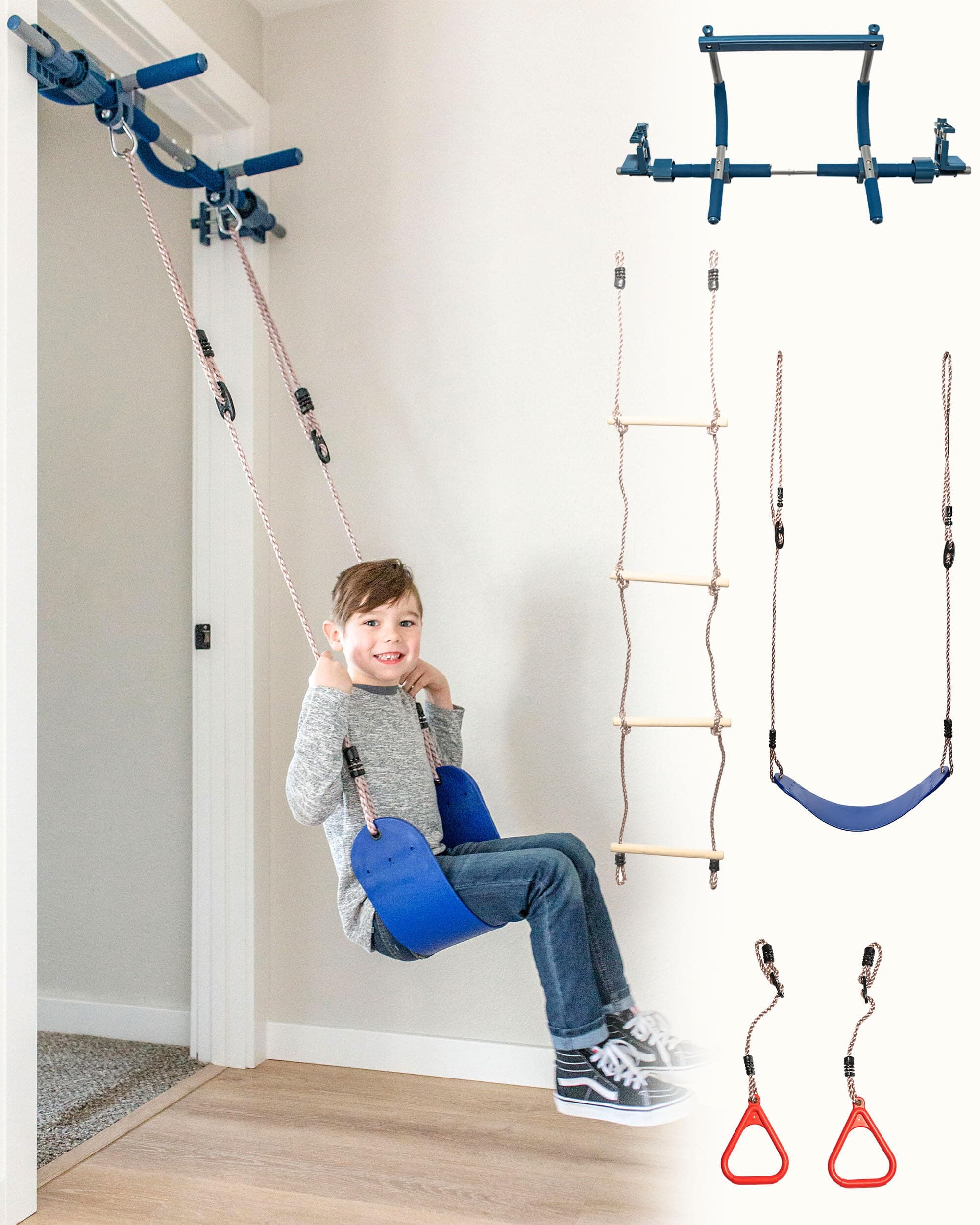 Gym1 2-Piece Deluxe Indoor Doorway Swing & Pull-Up Bar Set for Kids & Adults | Professional Grade Steel Holds Upto 300 Lbs | 2 in 1 Set for Indoor Fun & Fitness - Blue