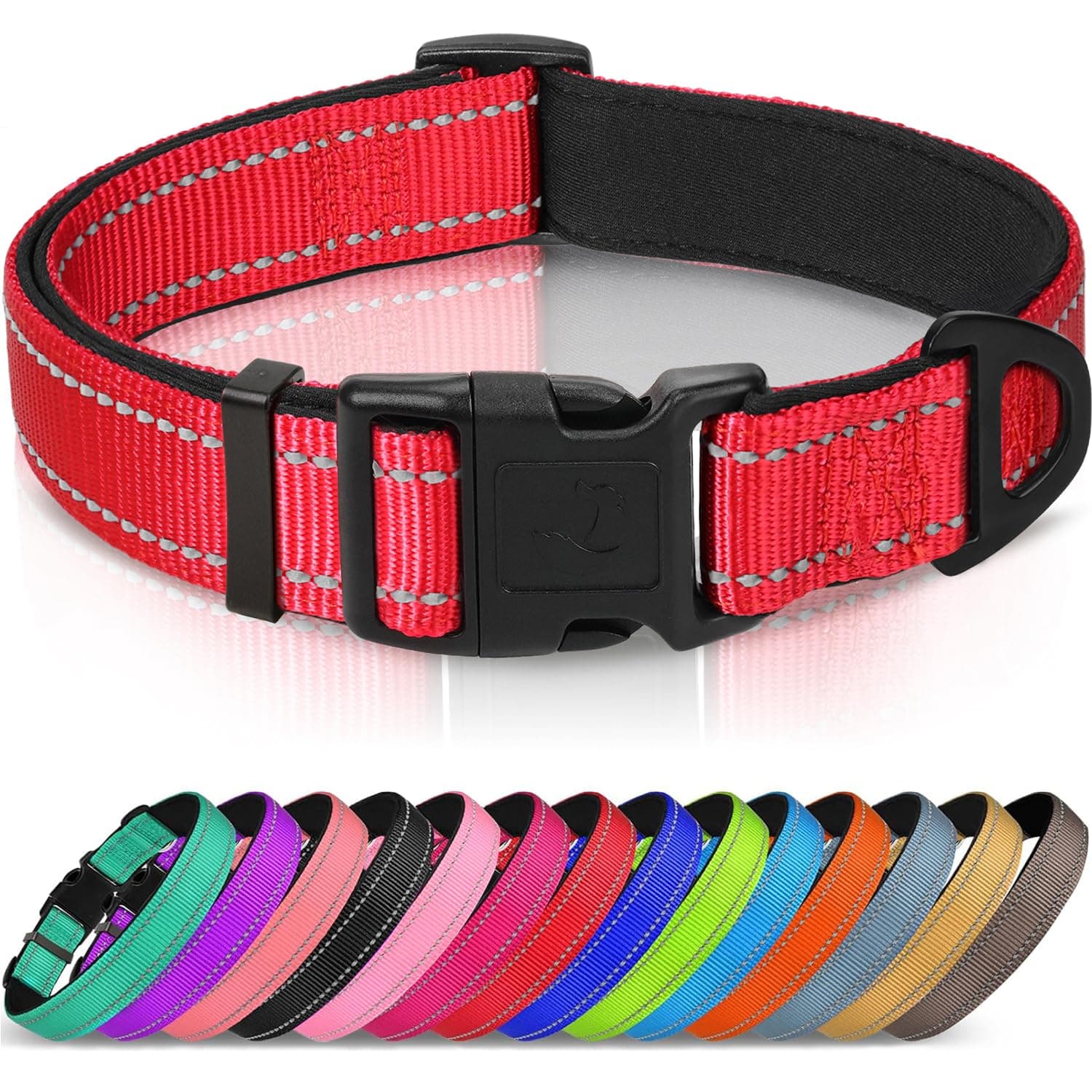 Joytale Reflective Dog Collar,Soft Neoprene Padded Breathable Nylon Pet Collar Adjustable for Large Dogs,Red,L