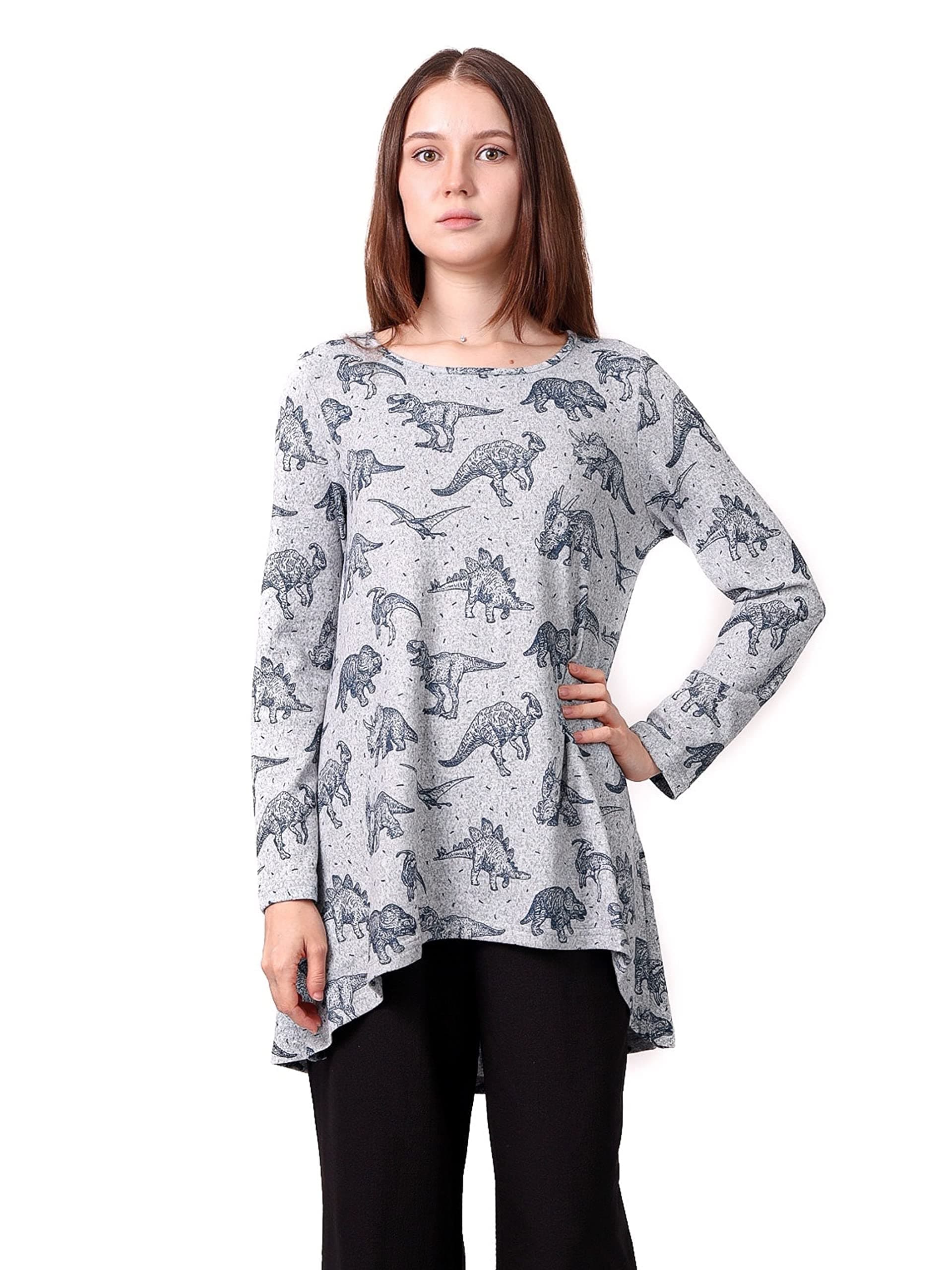 LaVieLente Fashion Printed Pattern Womens Tunic Tops Casual Soft Long Sleeve Loose-Fitting Oversized Shirts Hi-Lo Hem