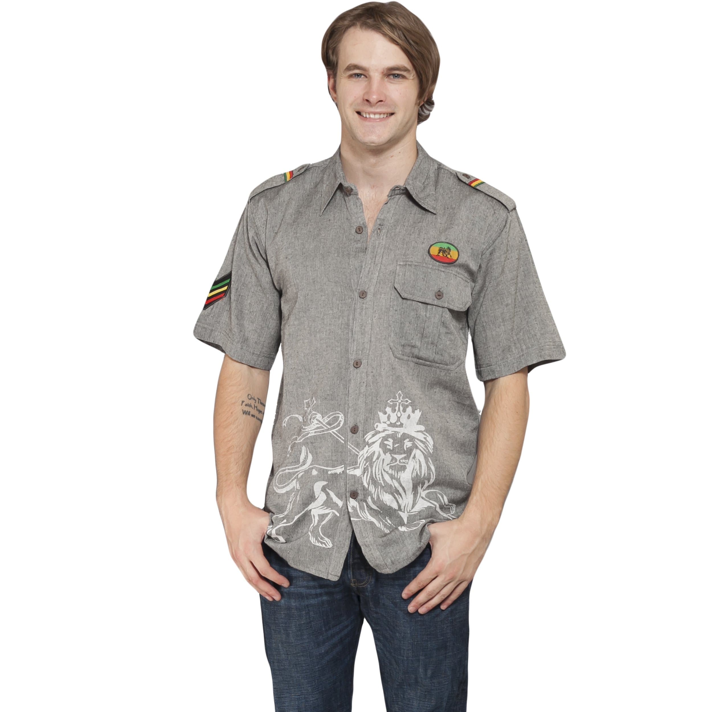 Lakhays Men's Rasta Reggae Lion Print Button Shirt-X.Large-Grey