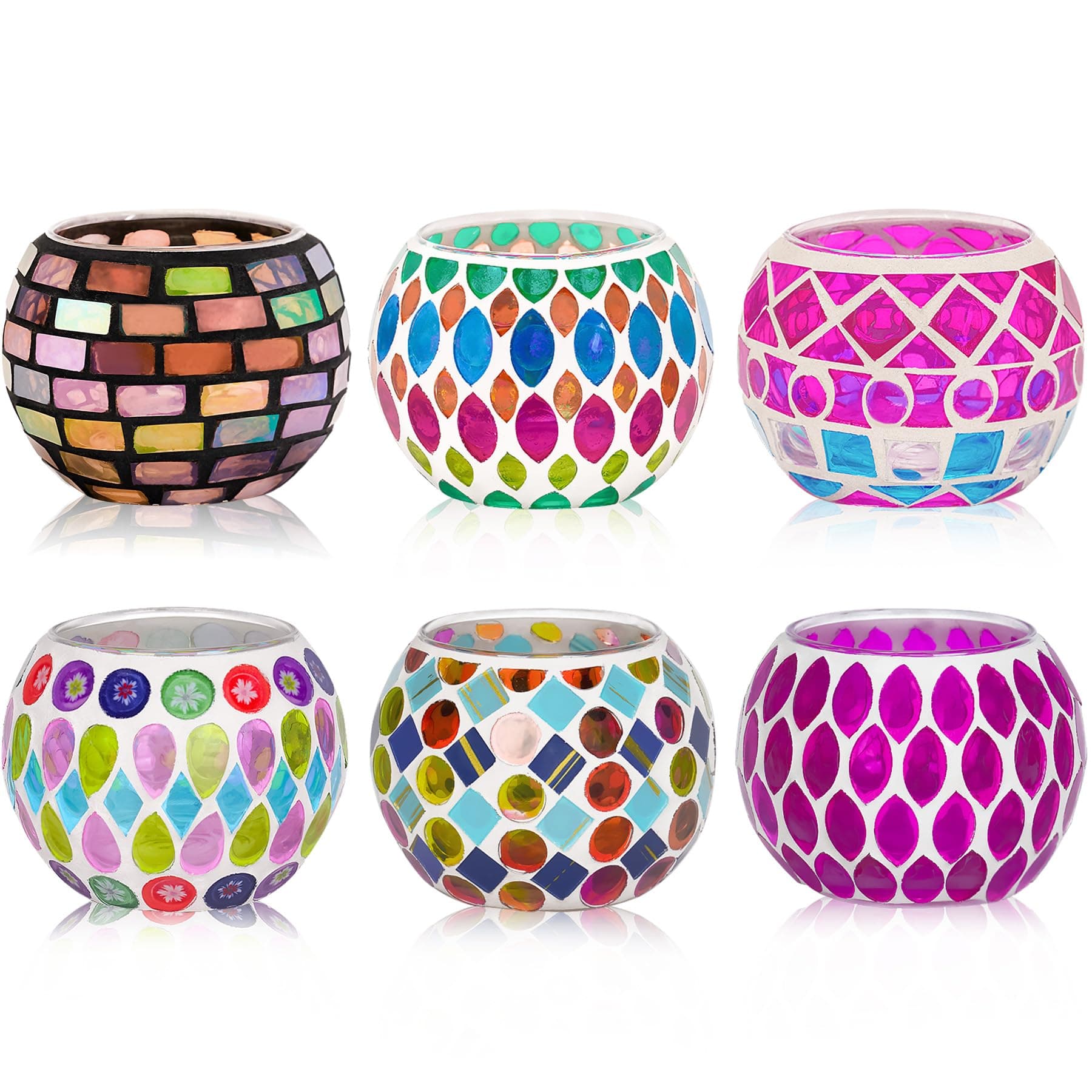 Tea Light Candle Holders, Set of 6 Mosaic Glass Candle Holder Coloured Tealight Holders, Romantic Votive Candle Holder Handmade Round Candle Holders for Party, Wedding, Christmas Day