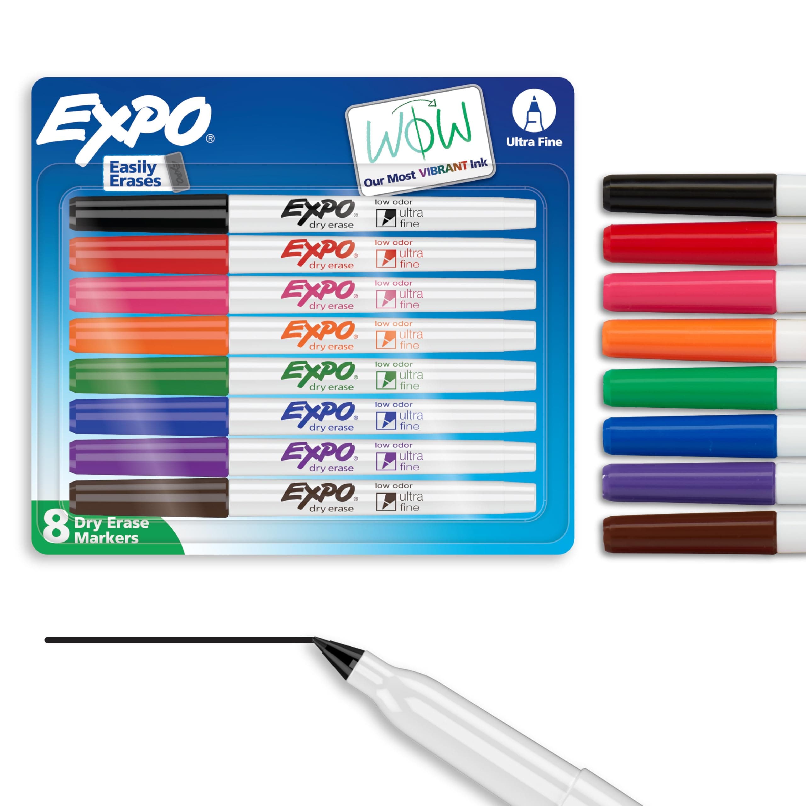 Low-Odor Dry Erase Markers with Ultra-Fine Tip (Assorted Colours) -Pack of 8