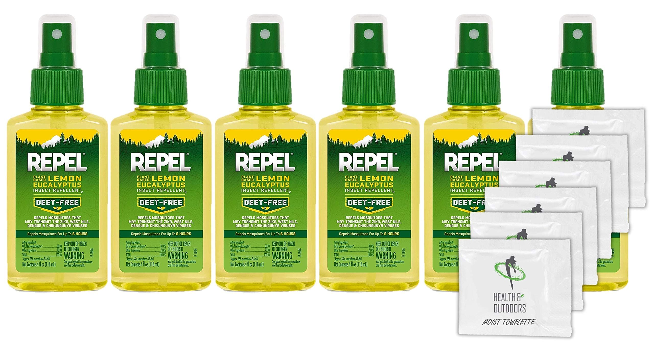Repel Plant-Based Lemon Eucalyptus Insect Repellent, Pump Spray, 4-Ounce(6 Count) W/ 6 HAO Moist Towelettes