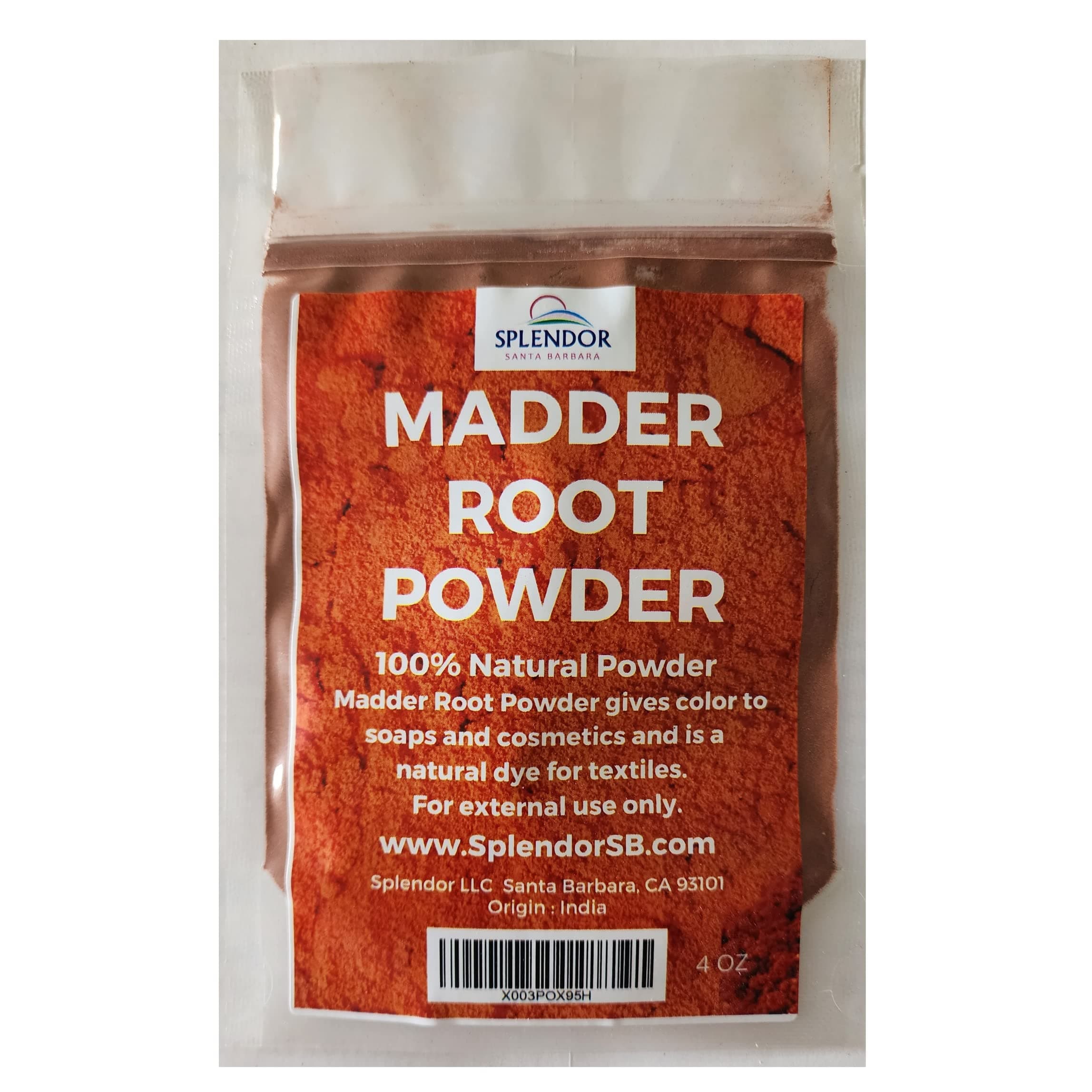Splendor Madder Root Powder - Natural Sustainable Dye Colorant for Soap Making, Fabric Dyeing & Textile Coloring - Rubia Tinctorum Powder (4oz) - Vibrant Red, Orange & Pink Hues