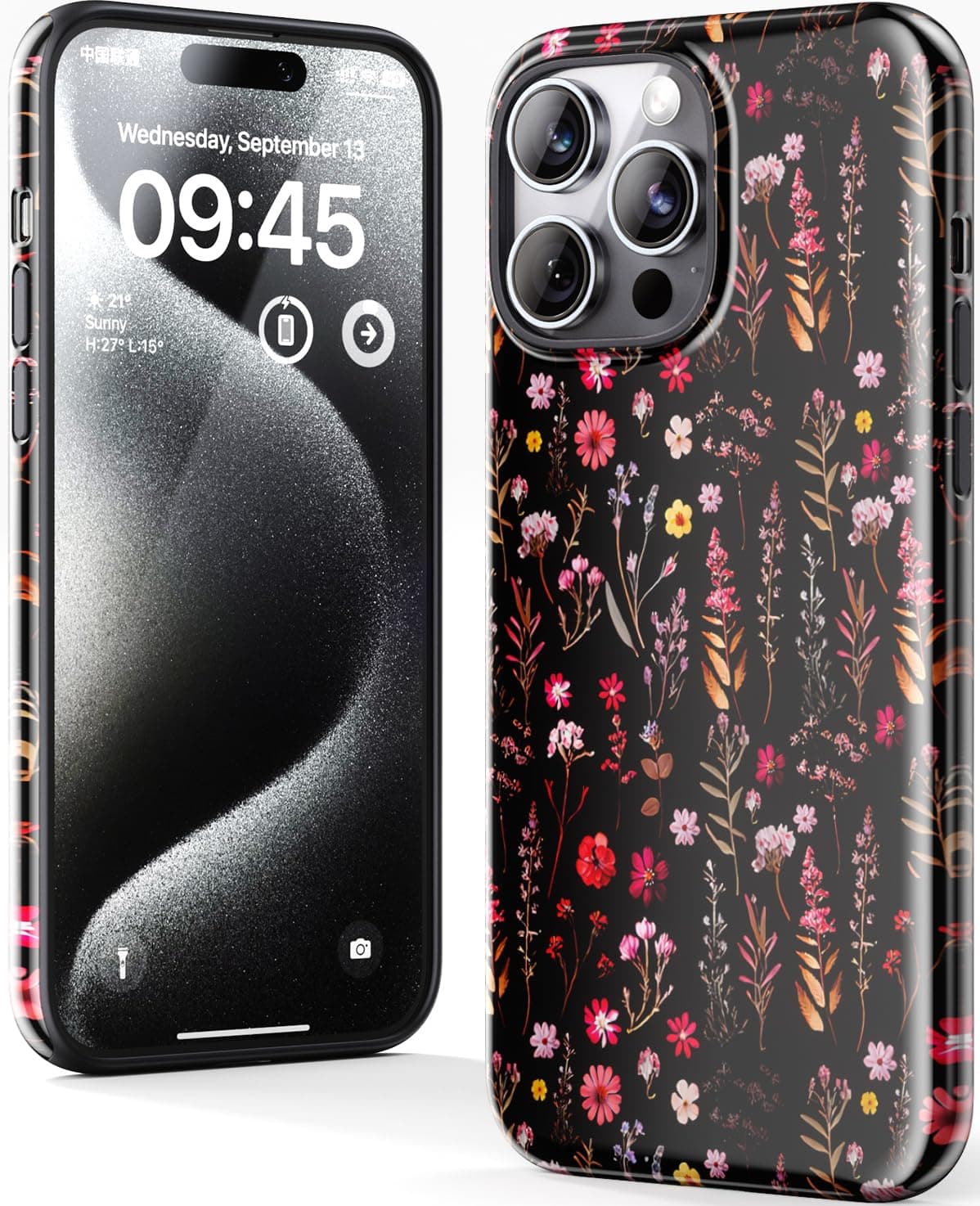 for iPhone 15 Pro Case - Wireless Charging Compatible - Dual-Layer Hard Shell + Silicone Cover - Shockproof Protective Phone Case with Cutee Designs for Women - Colorful Wildflowers