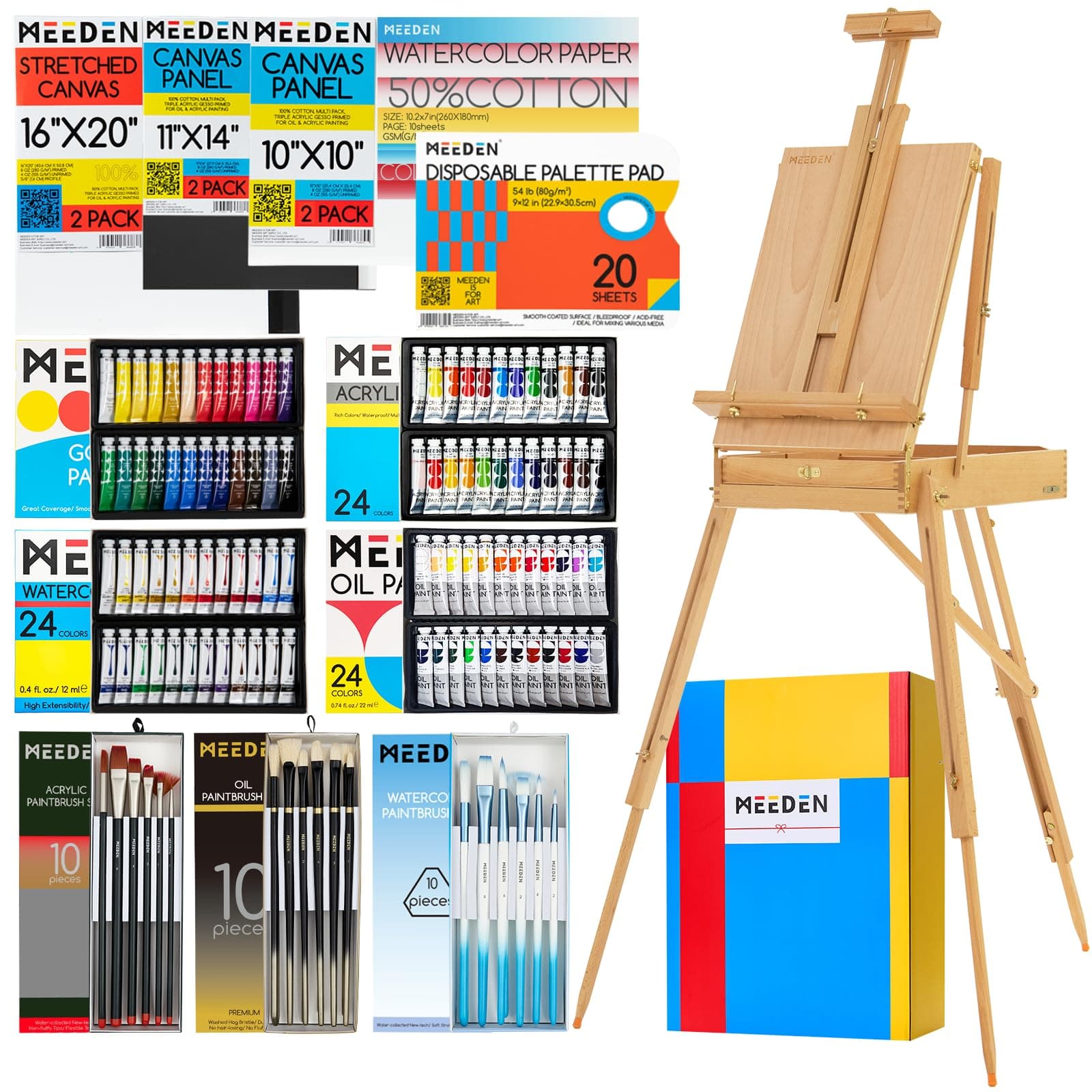 MEEDEN Painting Set - Advanced Painting Supplies, (42"x72") Portable Easel Stand for Canvas(Max 34"), Oil Watercolor Gouache Acrylic Paint Set & Brushes, Painting Kit for Adults, Artists