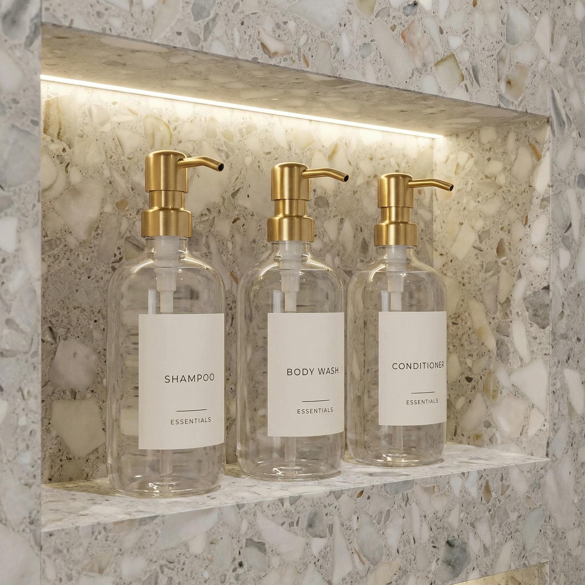 Stylish Shampoo and Conditioner Dispenser Set of 3 - Modern 21oz Shower Soap Bottles with Pump and Labels - Easy to Refill Body Wash Dispensers for an Instant Bathroom Decor Upgrade Clear