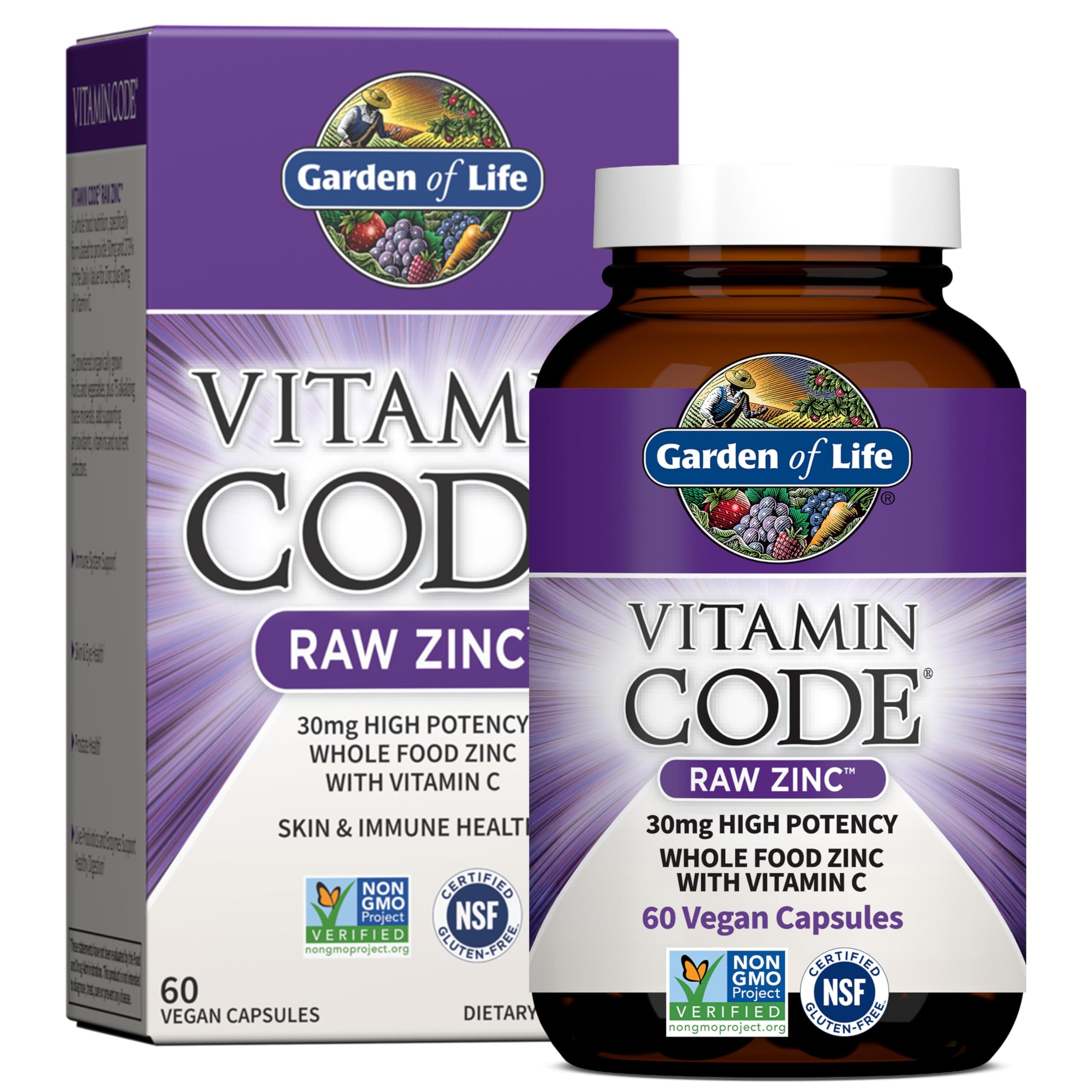Garden of Life Vitamin Code RAW Zinc 30mg – Immune System Support, Skin, Hair & Nails – Whole Food Zinc Supplement – 60 Vegan Capsules