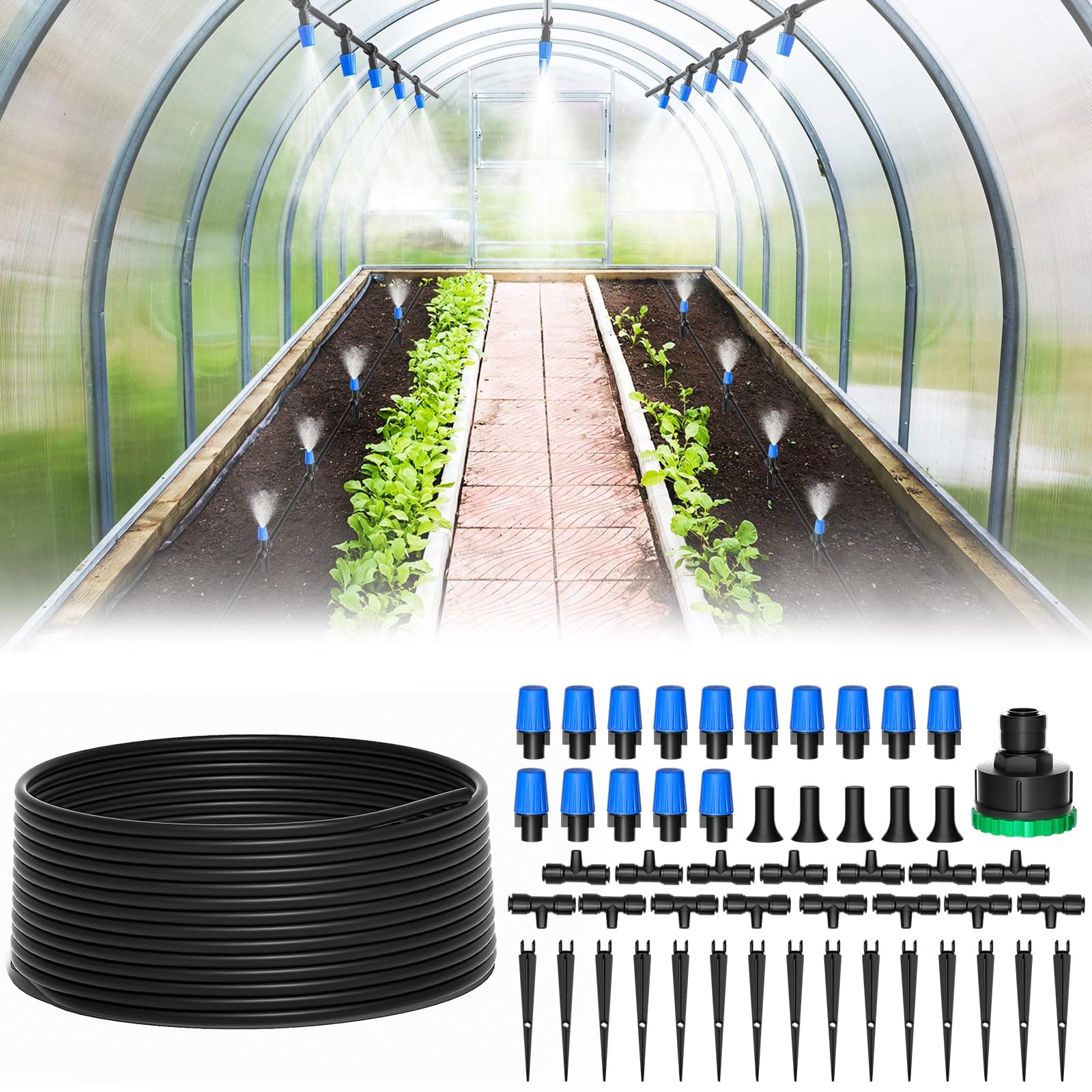Upgrade Quick-Connect Irrigation System Kit, 65FT Automatic Garden Watering System, DIY Water Saving Drip Irrigation System for Garden/Lawn/Greenhouse
