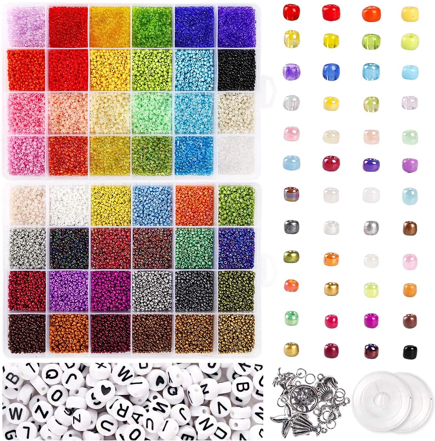 TIM 35000pcs 48Color Glass Seed Beads and 250pcs Alphabet Letter Beads, 2mm Bracelet Beads for Jewelry Making Kit, Beads Craft Set for DIY, Art and Craft with Rolls of Elastic String Cord