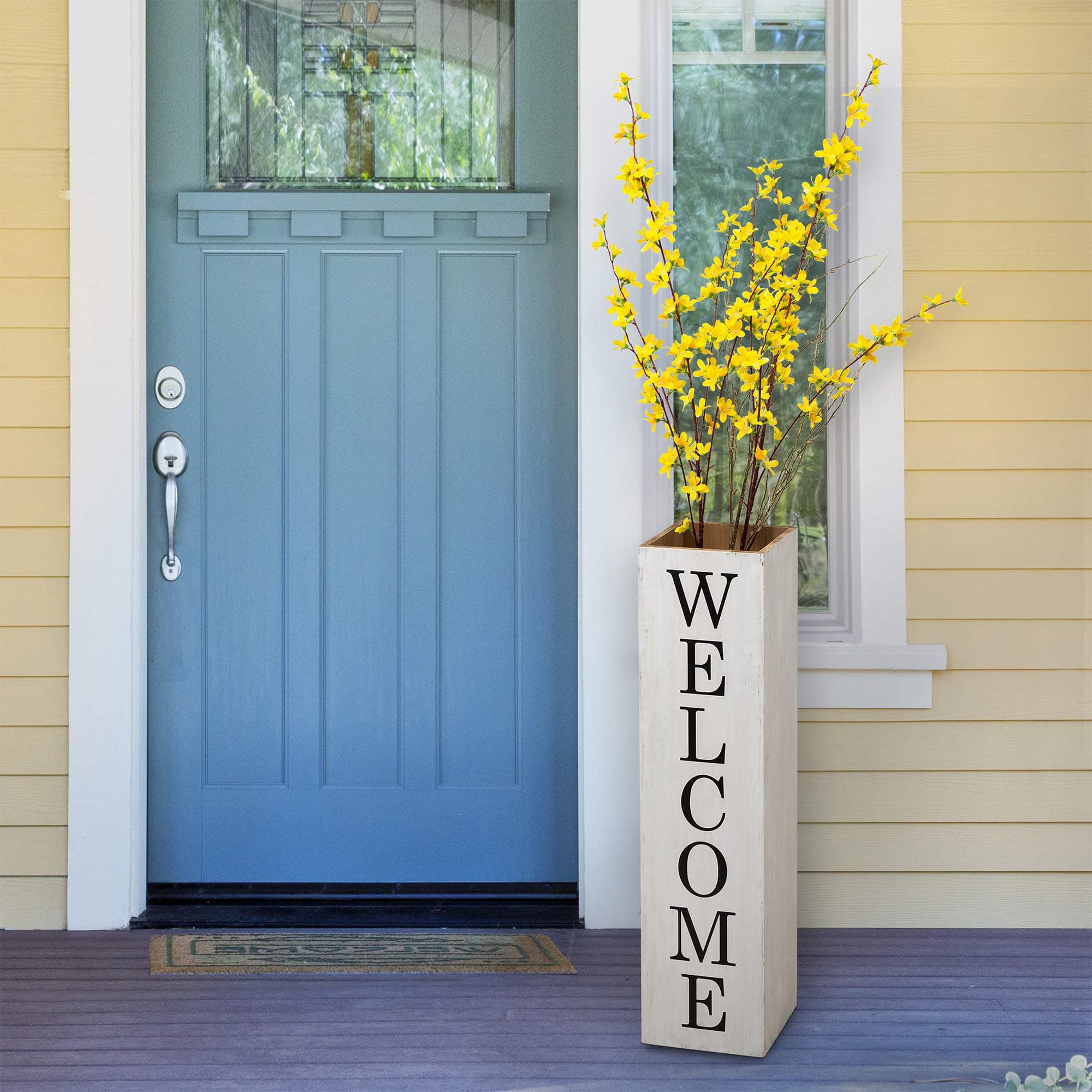 Glitzhome 30"H Wooden Welcome Porch Sign Rustic Double Sided Box-shaped "WELCOME, HOME" Porch Sign for Front Porch Decor, Washed White