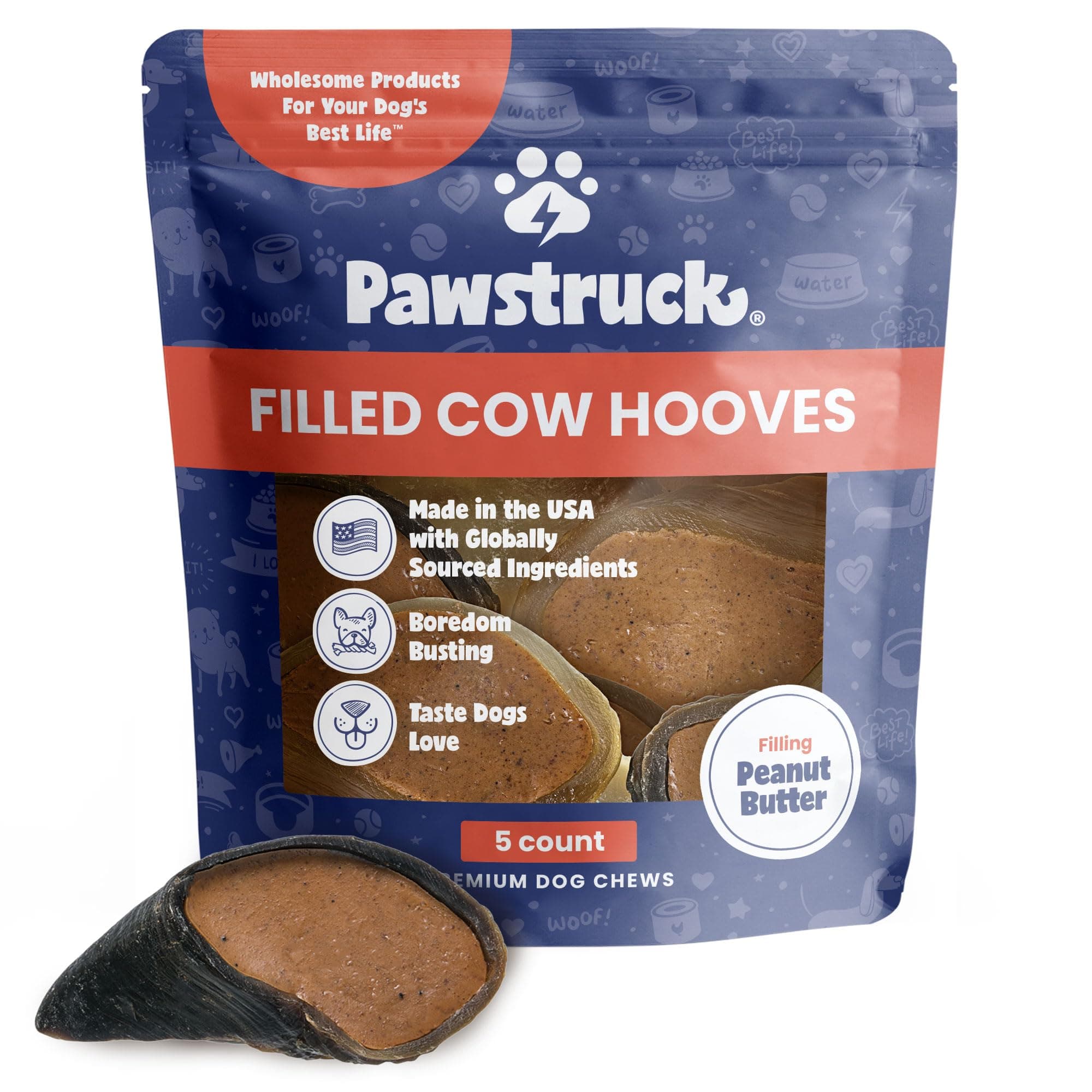 Peanut Butter Filled Cow Hooves for Dogs – Made in USA, Long-Lasting Dental Treats and Chews – Beef Hoof – 5 Count – Packaging May Vary