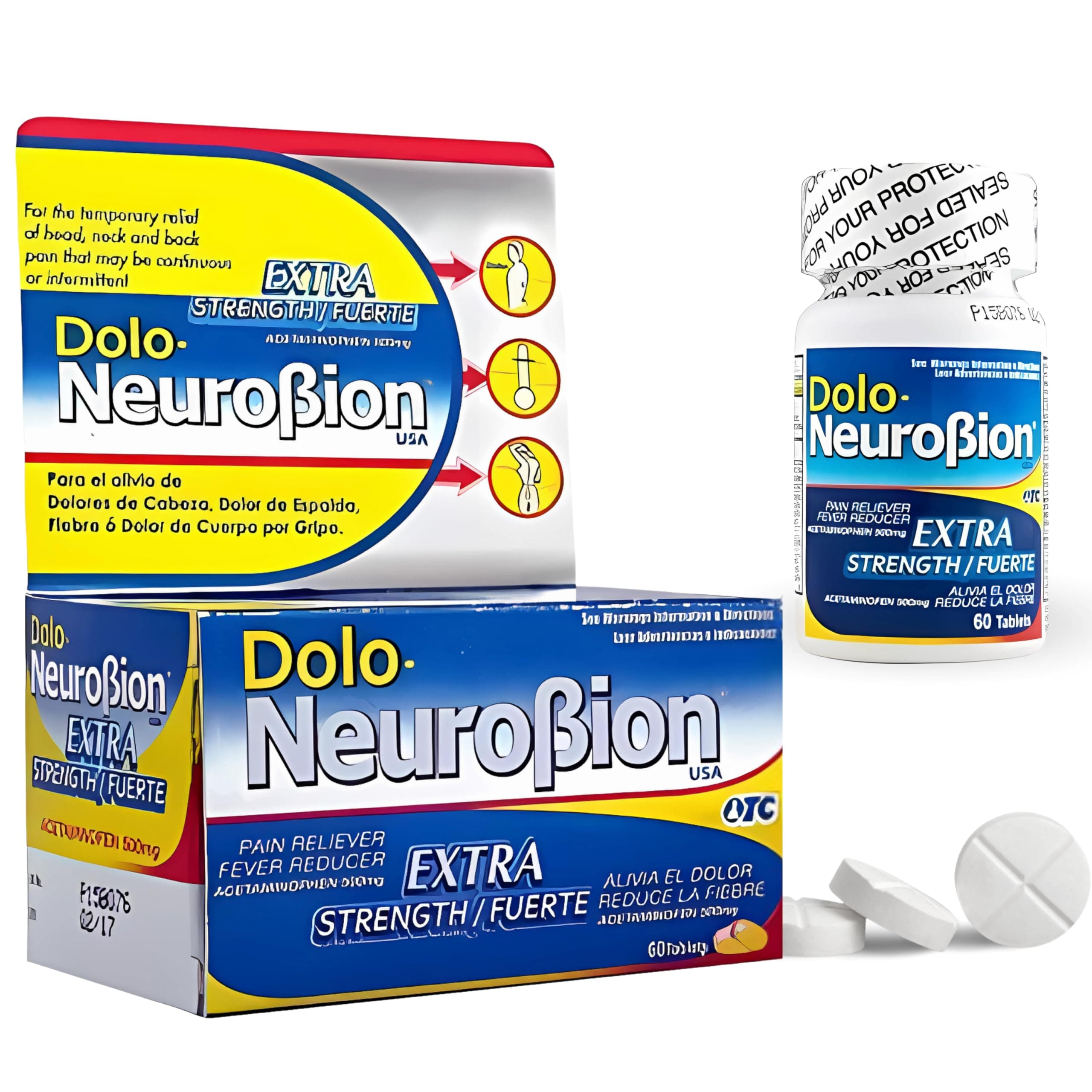 Dolo Neurobion Pain Reliever, Fever Reducer, Extra Strength. Alivia el Dolor,Reduce la Fiebre, Extra Fuerte. 60 Tablets. Acetaminophen 500 mg