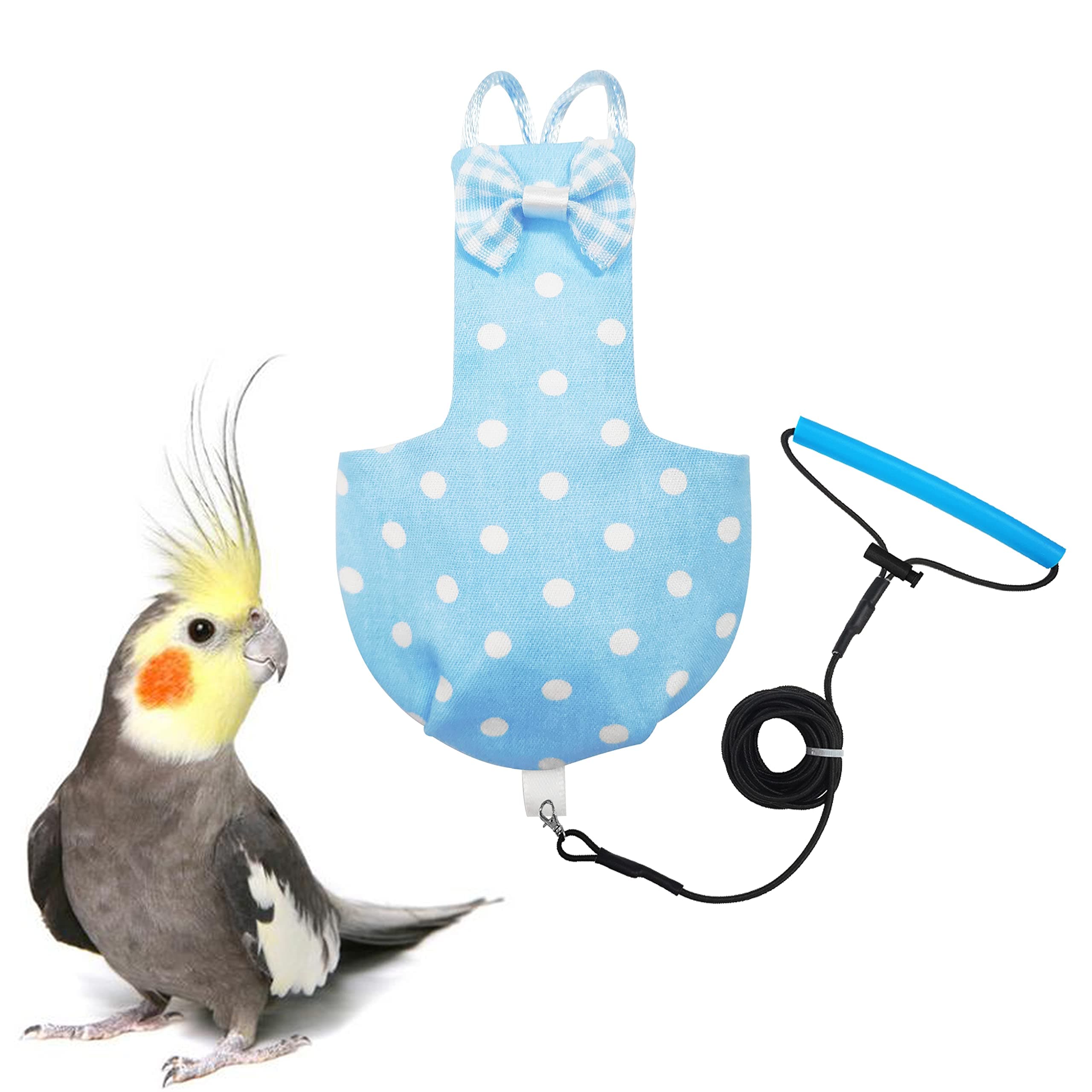 Bird Diaper Harness Flight Suit Clothes with 80 Inch Flying Leash for Parrots Cockatiel Pet Bird, Blue with White Dots, S Size, Including A Cotton Pad