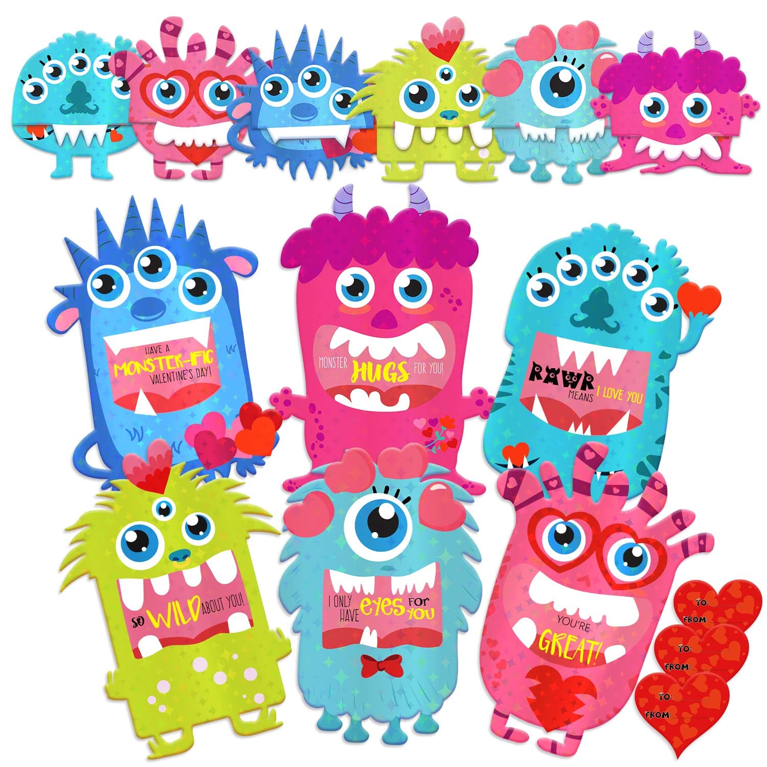 Valentine's Day Cards 3D Foldable Holographic Monster Valentine Card Set with Heart Stickers and Envelopes Gift Choice for Kids Classroom Party Favor (30 Pack) (Holographic Monster Cards)