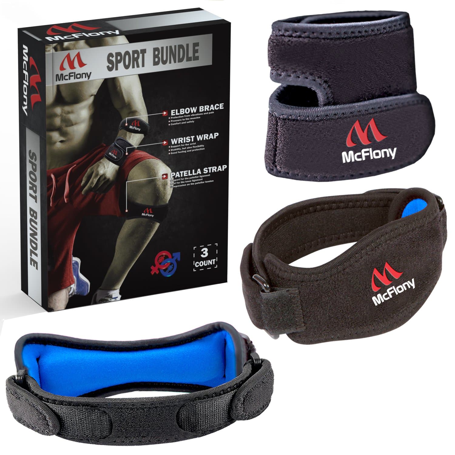 Tennis Elbow Brace & Patella Strap & Wrist Wrap by Mc Flony - Elbow Support, Knee Support & Pain Relief with Compression Pad for Tennis & Golfer's Elbow Black & Green, Unisex, Set of 3