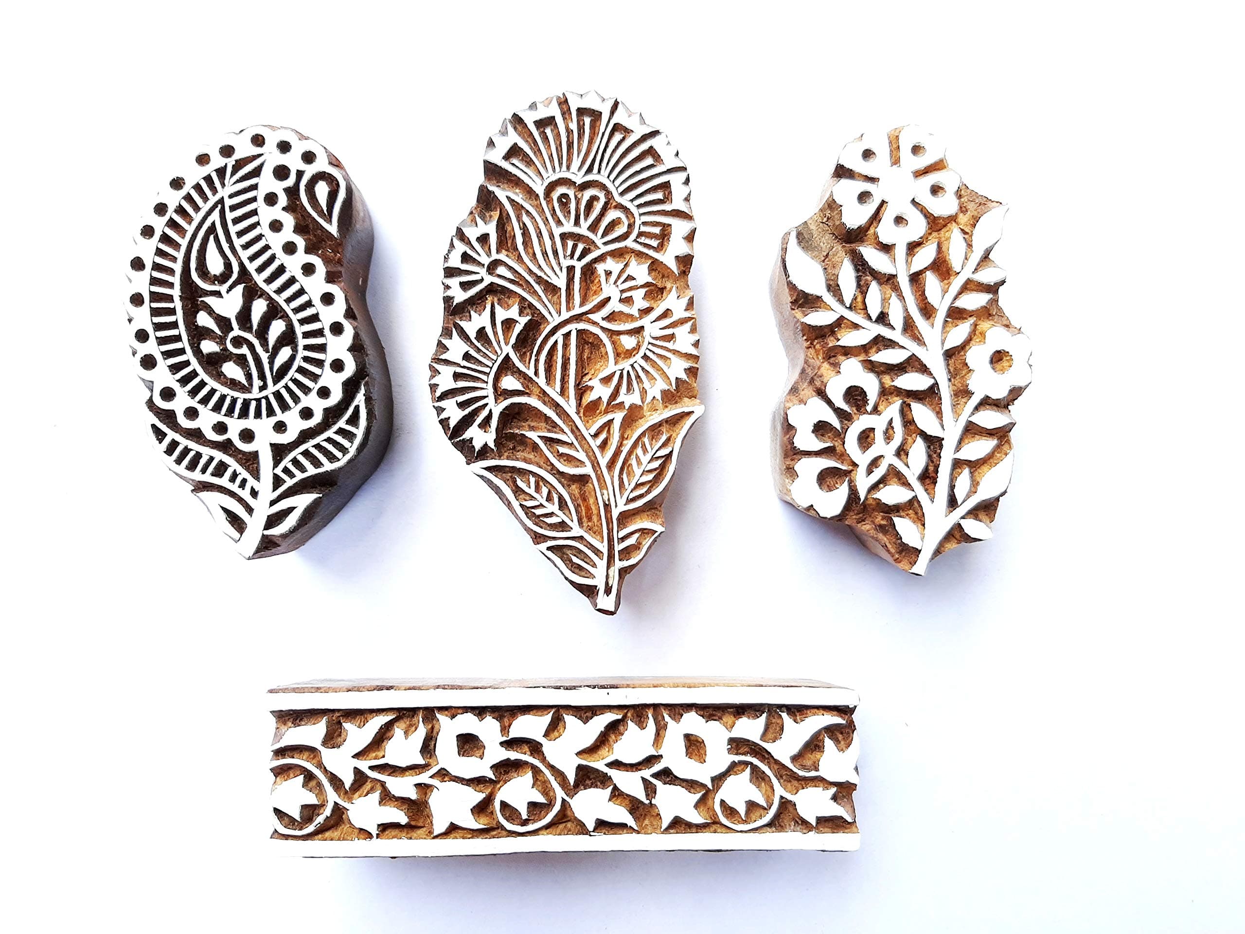 woodenblockstamps 4 Pieces Rosewood Set Printing Block for Saree Salwar Suite Dupatta Textile Printing Block Henna Print and Scrap Booking (3 x 2)