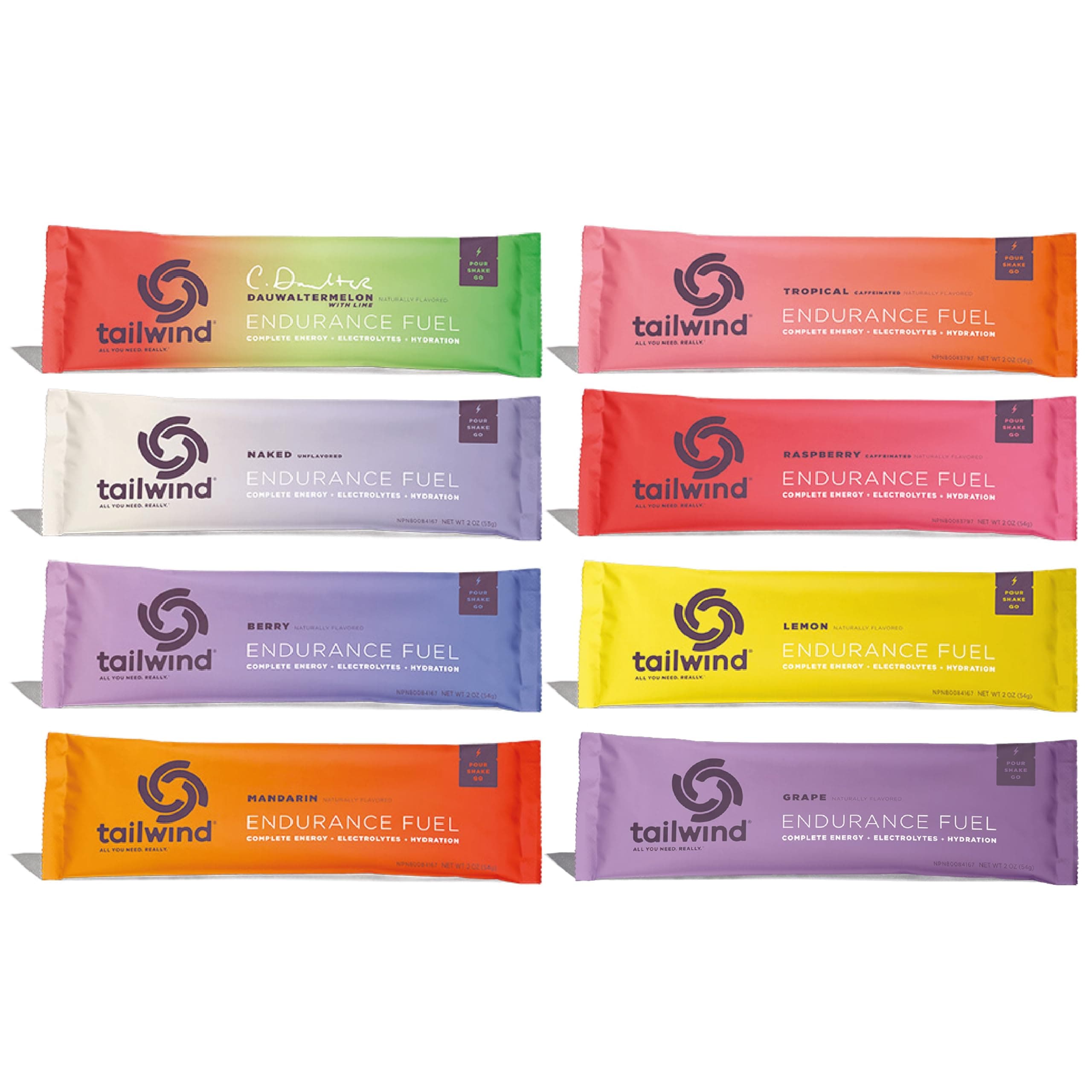 Tailwind Nutrition Grab-and-Go Endurance Fuel Single Serve Assorted Flavors (Pack of 8) - Hydration Drink Mix with Electrolytes, Carbohydrates - Non-GMO, Gluten-Free, Vegan, No Soy or Dairy