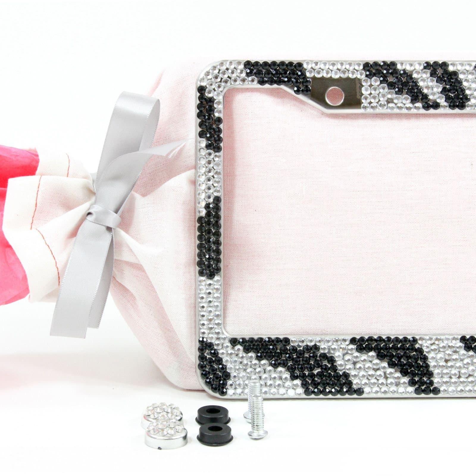 Red Hound Auto New Silver & Black Safari Zebra Tiger Print Bling License Plate Frame Gift Set