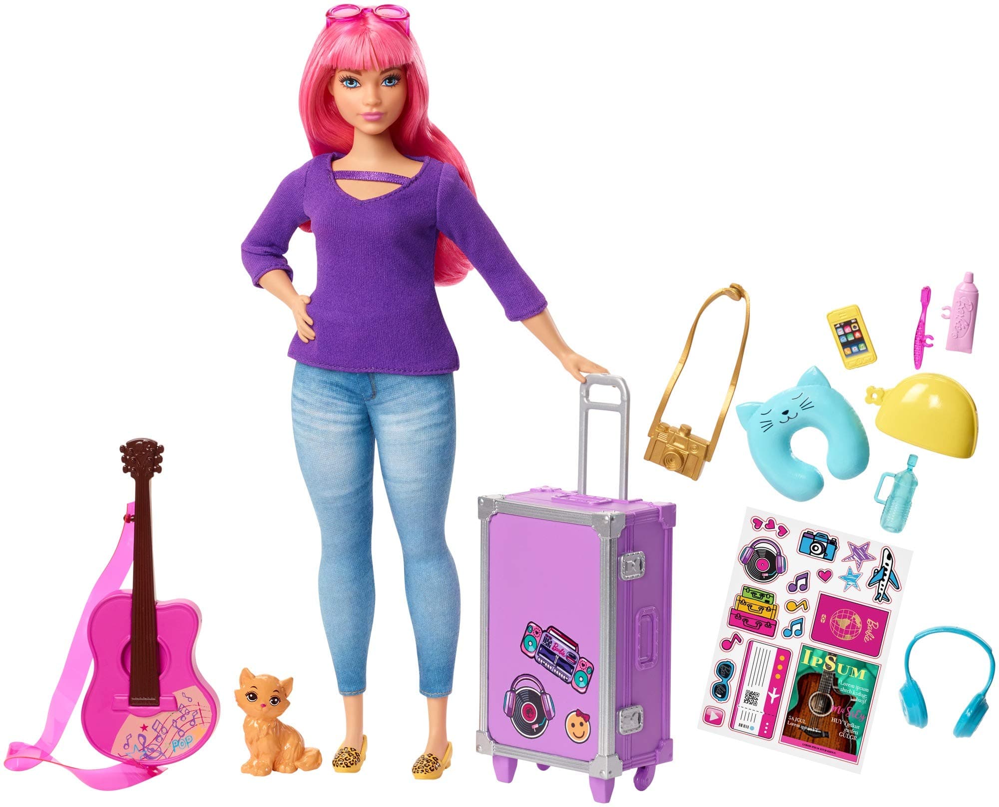 Barbie Daisy Doll And Travel Set, Pink Hair, Curvy, With Kitten, Guitar, Luggage, Stickers And 9 Accessories, For 3 To 7 Year Olds​ Fwv26
