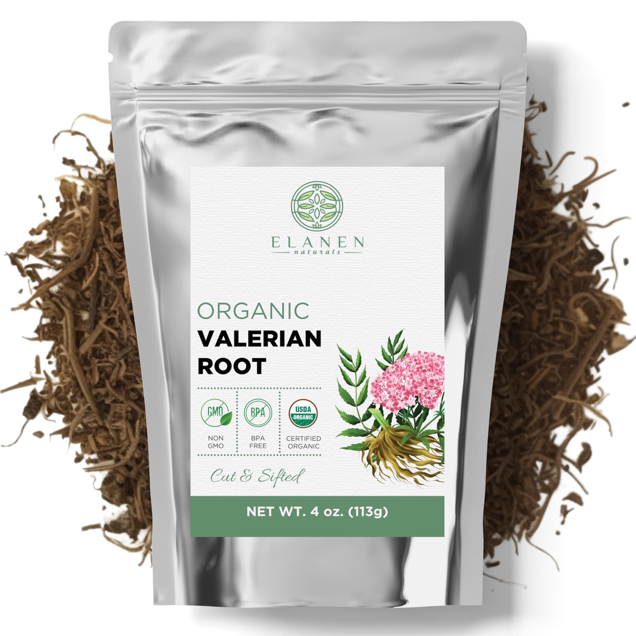 Elanen Naturals Organic Valerian Root 4 oz. (113g), USDA Certified Organic Valerian Root Herb Tea, Te De Valeriana Para Dormir, Valarian Officinalis Whole Loose Leaf, Cut & Sifted