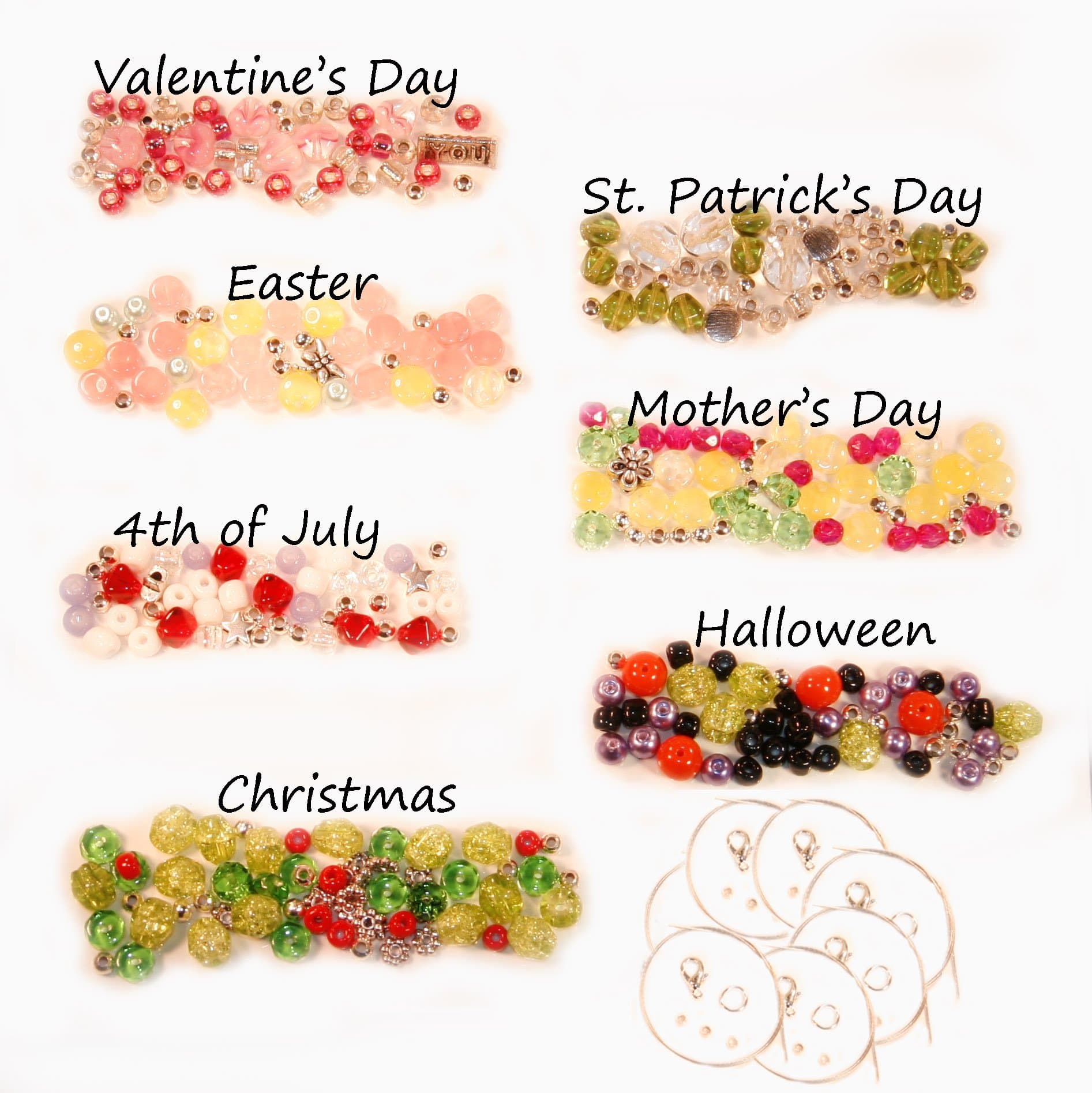 7 Pack -Valentine, St. Patrick, Easter, Summer, July 4th, Halloween, Christmas- DIY Glass Bead Bracelet Kit