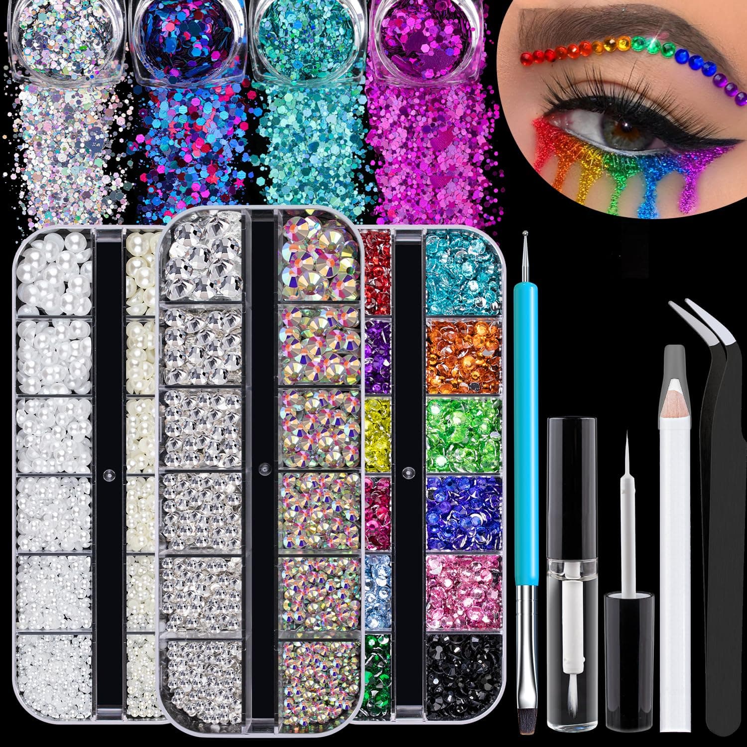 4320pcs Face Gems for Makeup with Glue, Colorful Beads & Round Glass Crystal Clear & AB Gems, White & Beige Pearls & 4 Colors Cosmetic Chunky Glitter with Dotting Tools, Jewels for Make-up, Nail Art