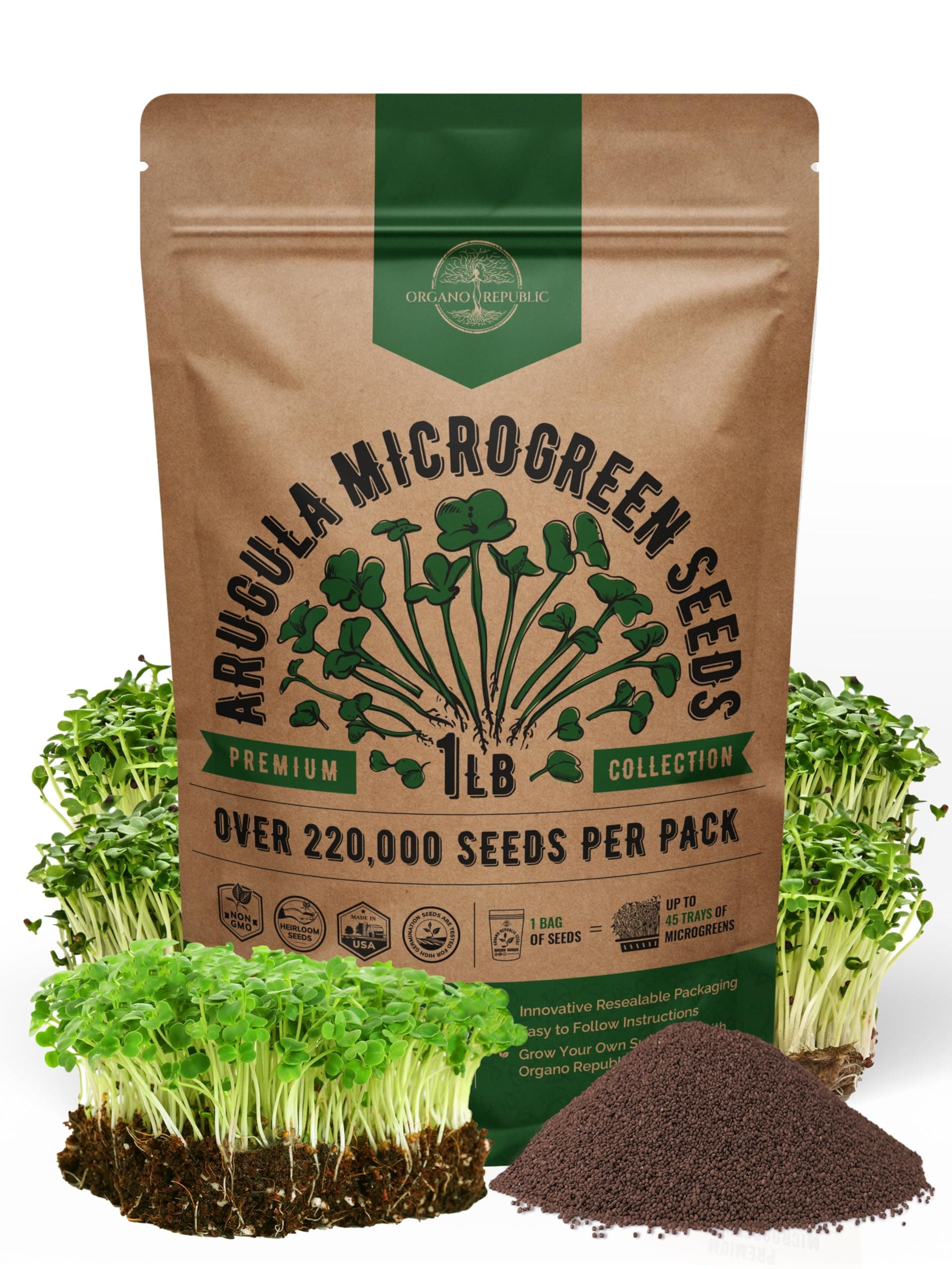 Arugula Sprouting & Microgreens Seeds - Non-GMO, Heirloom Sprout Seeds Kit, 1lb Resealable Bag for & Growing Microgreens in Soil, Coconut Coir, Aerogarden & Hydroponic System.