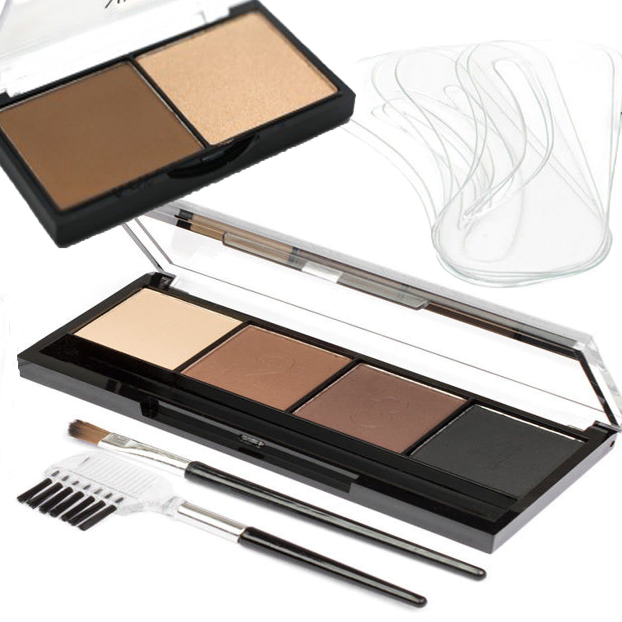 Eyebrow Powder Kit - 4 Shades plus Contour Contouring Powder Palette plus 6 Eyebrow Shaping Stencils