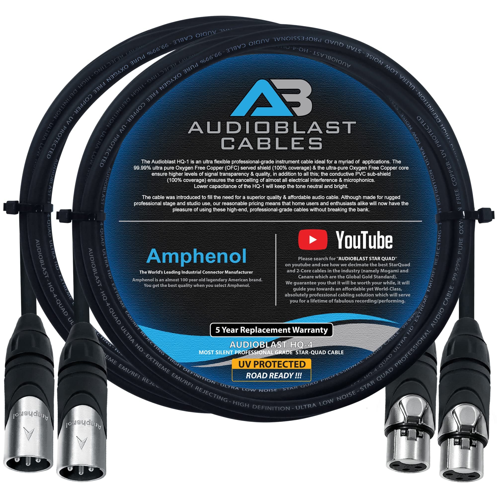 Audioblast - 2 Units - 6 Foot - HQ-4 - Star Quad Balanced Male to Female Microphone Cables with Amphenol AX3M & AX3F Silver XLR Connectors – UV Protected & Road Ready