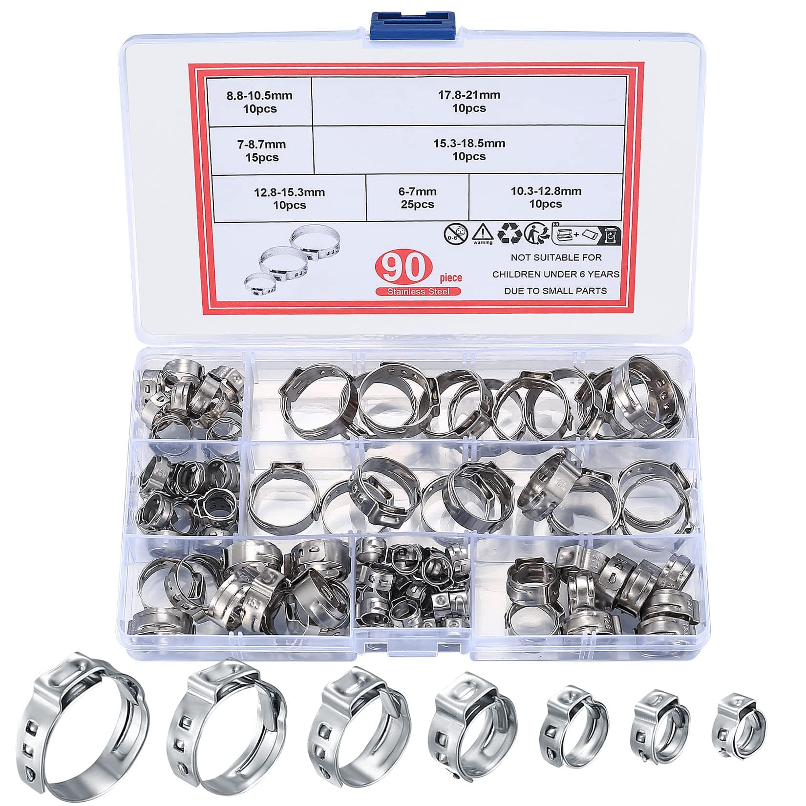 90 Pcs Stainless Steel Single Ear Stepless Hose Clamps, Adjustable 6-21mm, For Pool, Automotive Tubing, Cooler Air Duct Drive Pipe