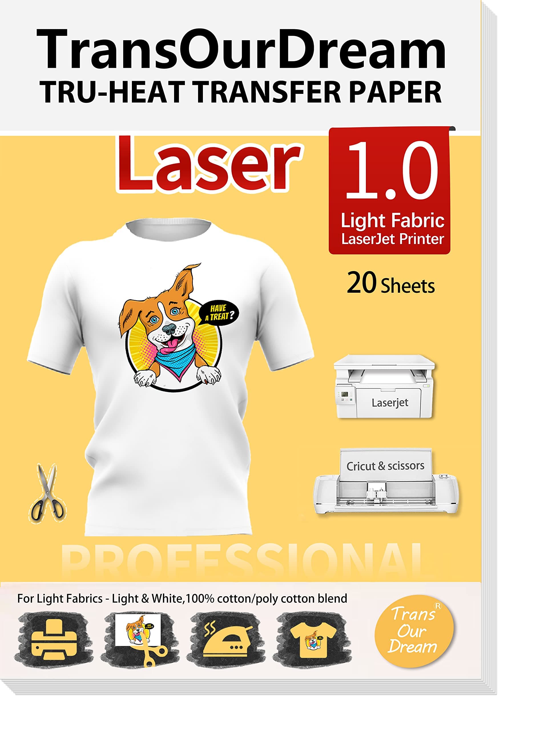 TransOurDream Laser 1.0 - Iron on Heat Transfer Paper for Light T Shirts (20 Sheets, A4) Printable HTV Heat Transfer Vinyl for Laserjet Printers Iron On transfers for T Shirts