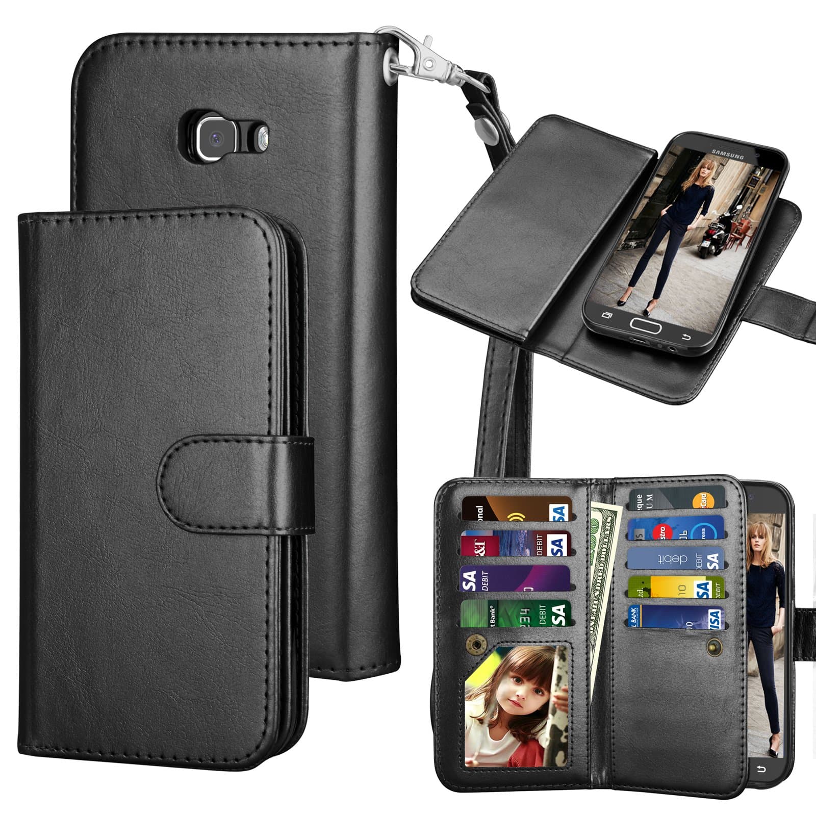 Eutekcoo Samsung A5 2017 Case Wallet,Galaxy A5 2017 Flip Case, [Magnetic Detachable Case] [Cash & 9 Card Slots] + Wrist Strap PU Leather Wallet Folio Case Cover for Samsung Galaxy A5 2017-Black